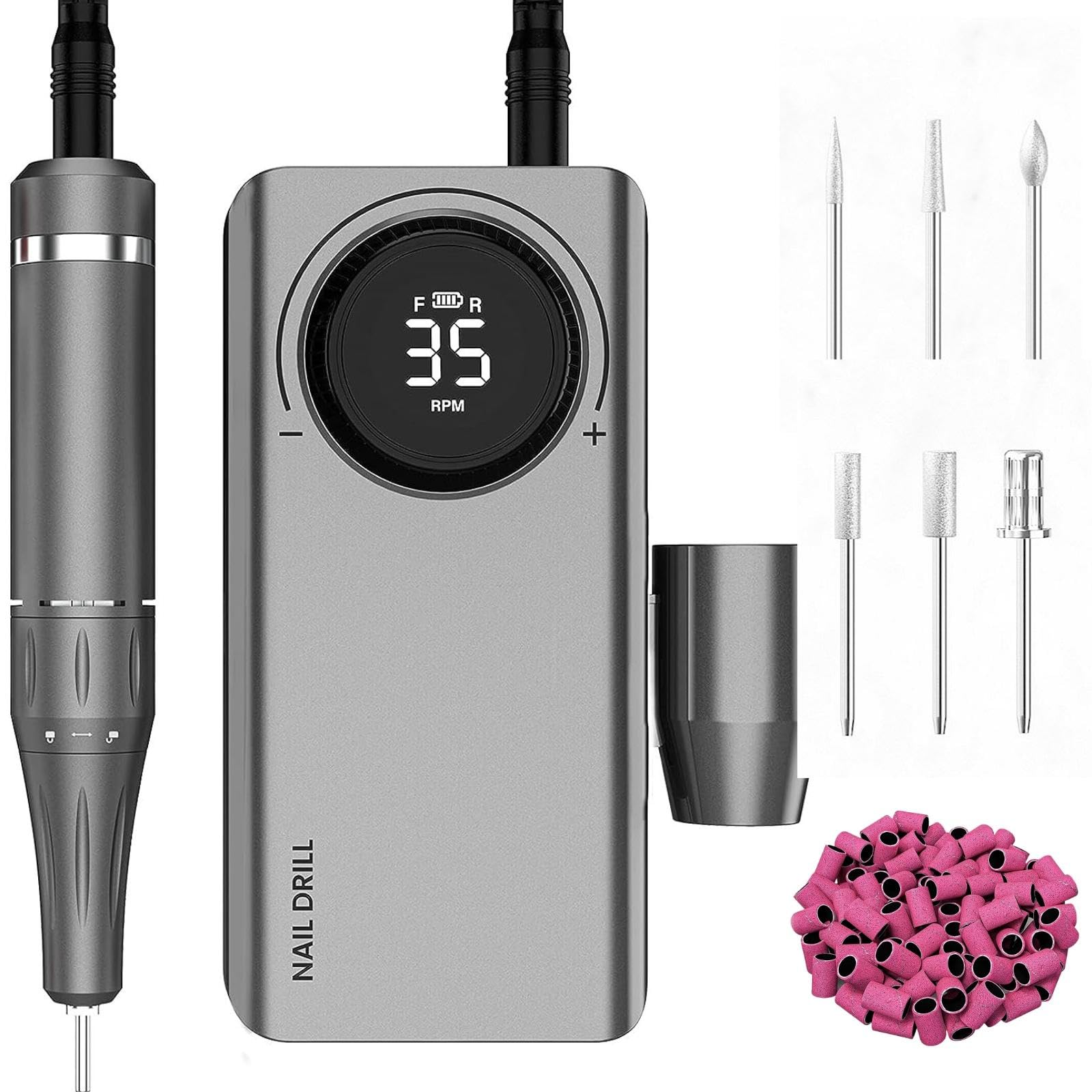 Delanie 35000 RPM Portable Nail Drill for Acrylic Nails Gel Nails Dip Powder Nails, Rechargeable E File Nail Drill for Manicure and Pedicure-Gray