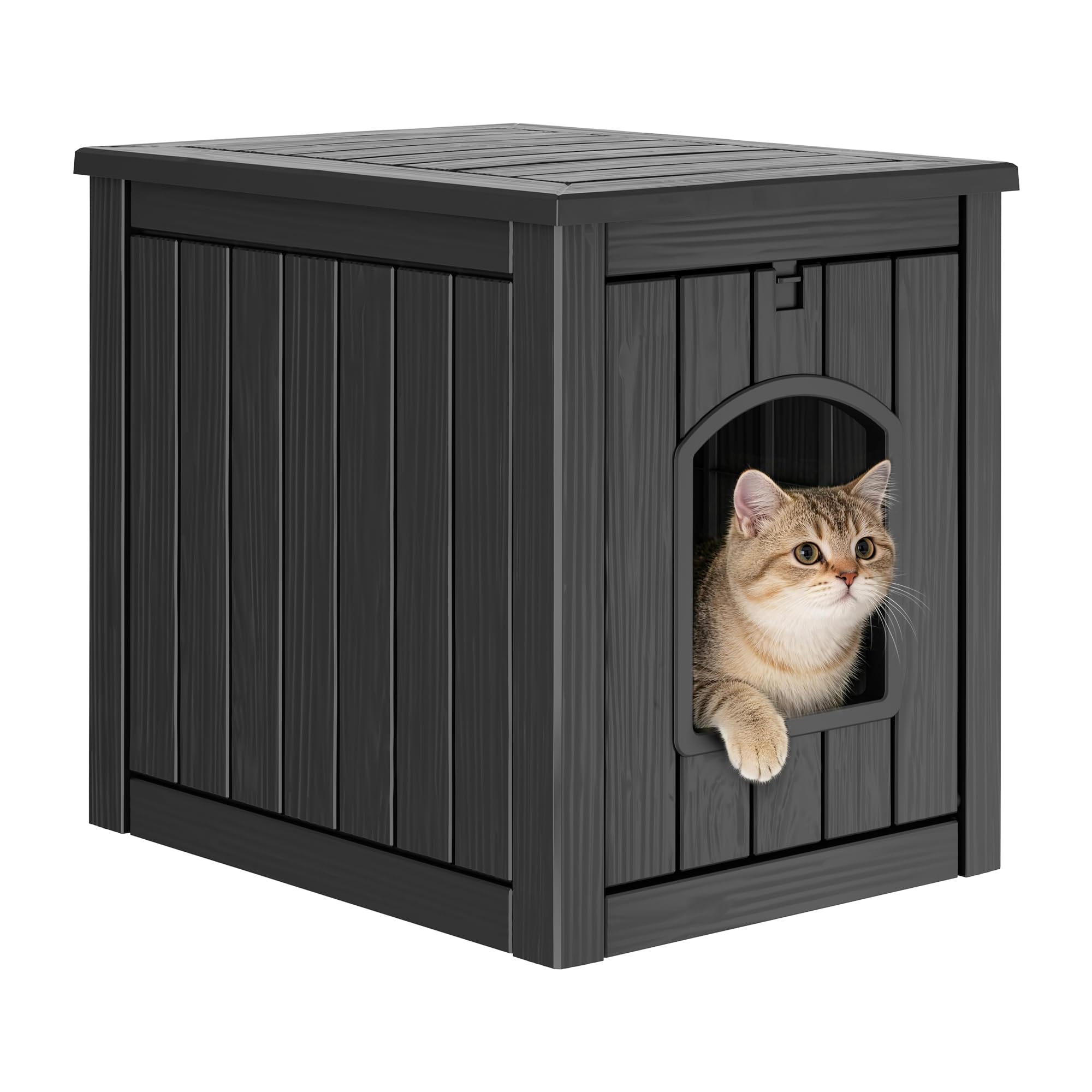 Cat Litter Box Enclosure, Enclosed Cat Litter Box Raised Floor, Openable Front Door Outdoor Cat House Weatherproof, Easy to Clean, Black