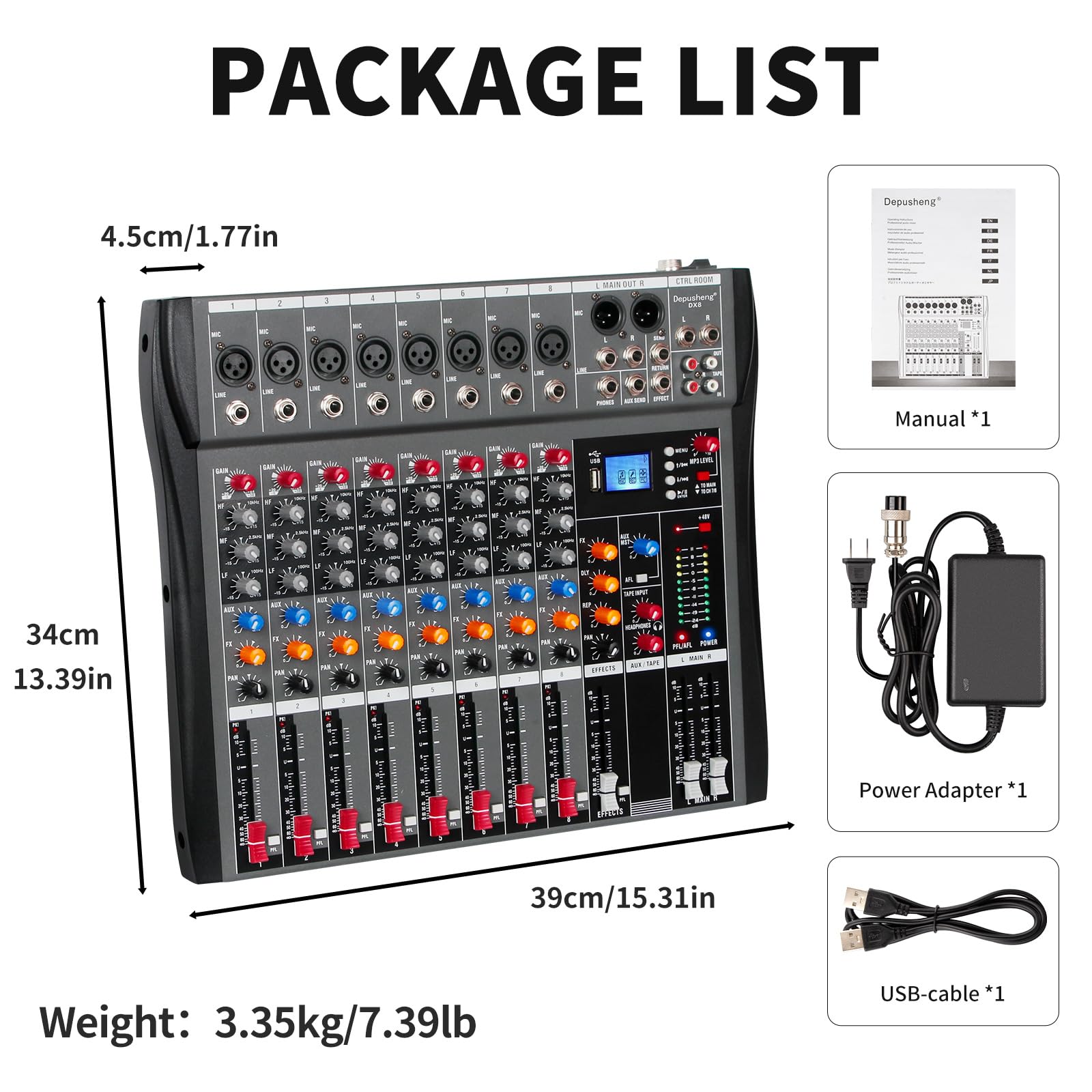 Depusheng DX8 Professional Mixer Sound Board Console 8 Channel Desk System Interface Digital USB MP3 Input 48V Phantom Power Stereo DJ Studio FX Steel Chassis,Black Bluetooth USB Audio Mixer for PC