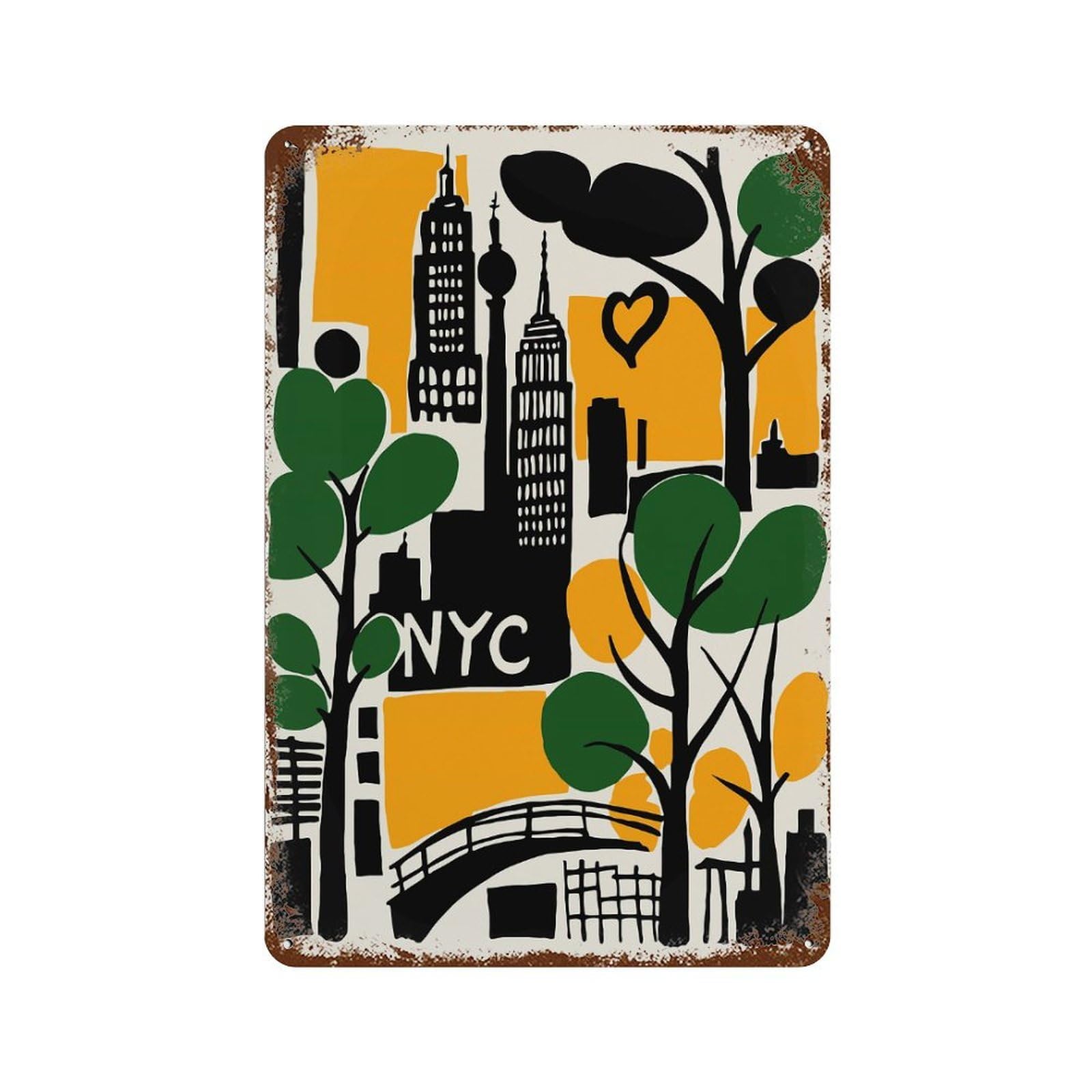 NYC Cityscape Illustration Vintage Rust Metal Sign 11.8"x7.9", Ideal for Cafe, Home Bar And Lounge Decor