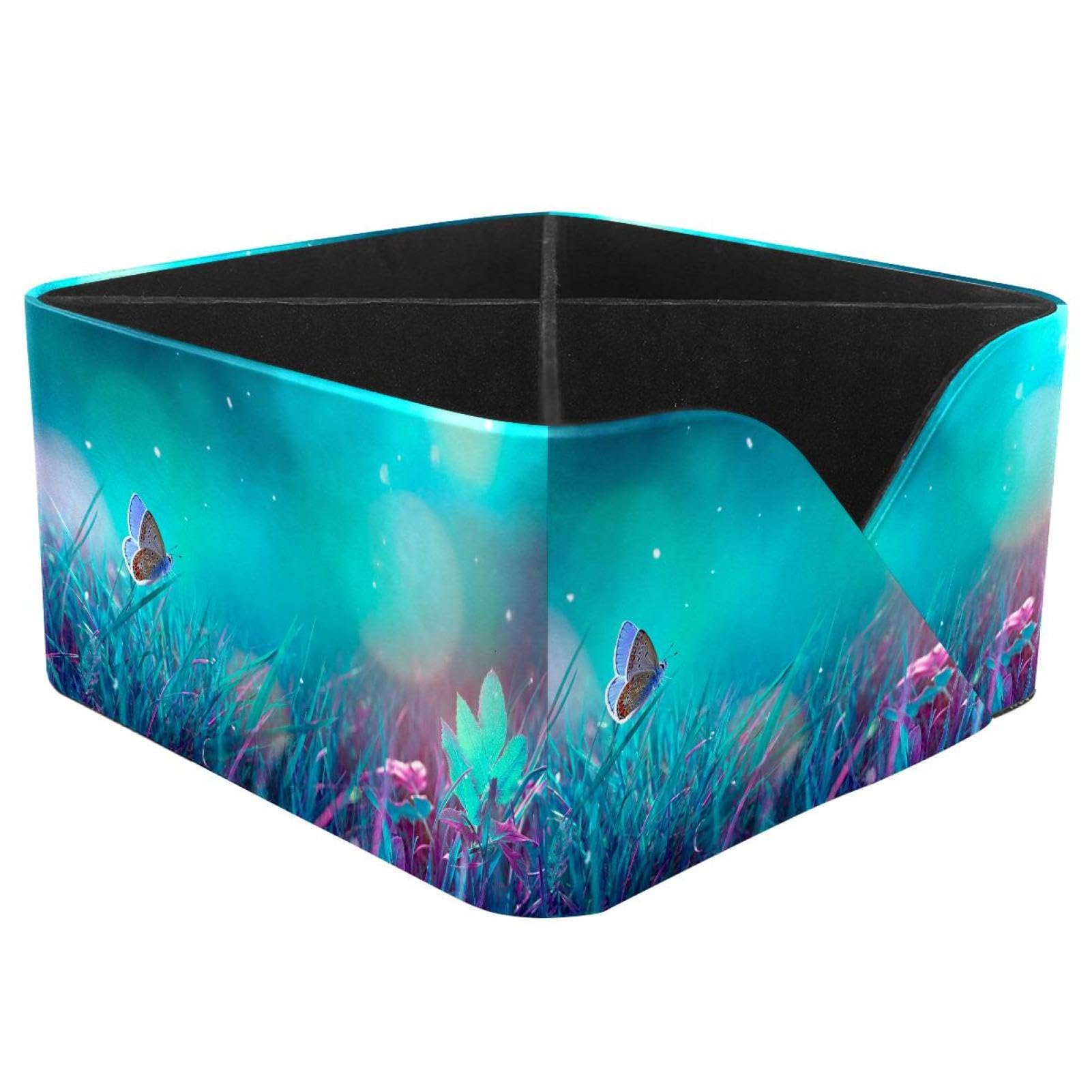 KengjuTesu Butterfly Grass Meadow Night Shining Moonlight Magical Desktop Organizer Pen Holder, Rectangular Pencil Cup for Office, Study and Makeup Stations