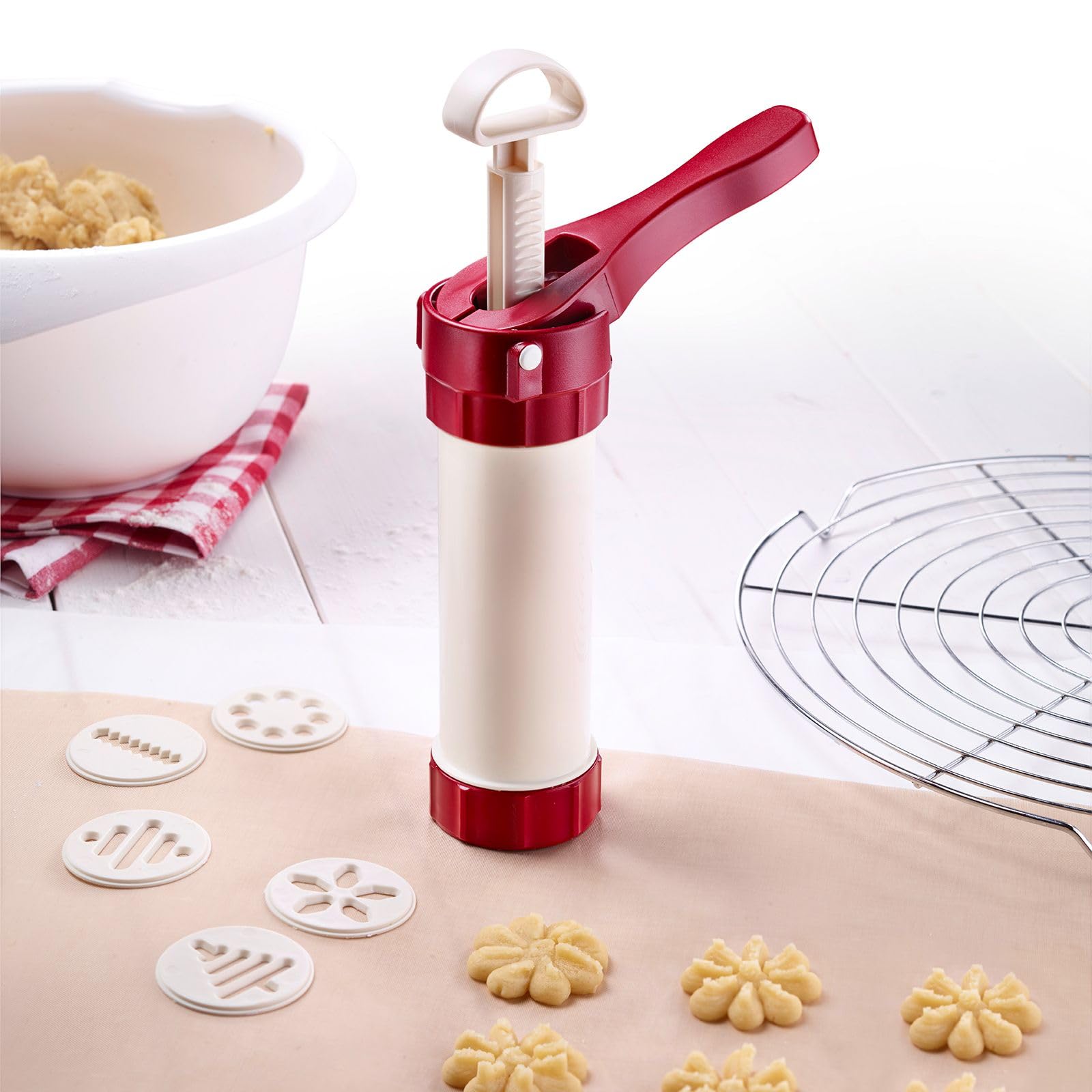 Westmark Presse à Biscuits/Seringue à Décorer, 6 Disques, 6 Douilles de Décoration, Quantité : 225 ml, Plastique, Luxus, Blanc/Rouge, 32302260