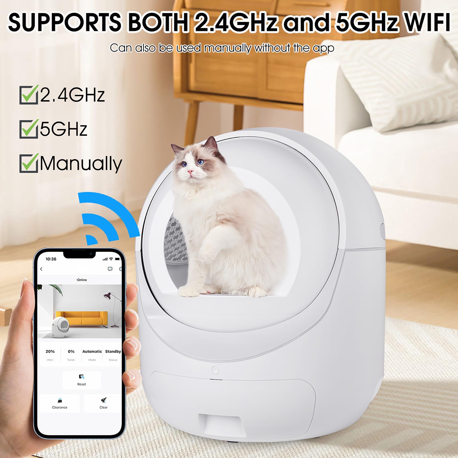 Automatycznie czyści kuwetę, automatycznie usuwa zapachy, jest sterowany przez aplikację, obsługuje WiFi 5G i 2,4 G oraz ma otwartą konstrukcję, dzięki czemu koty mogą z niej korzystać od razu.
