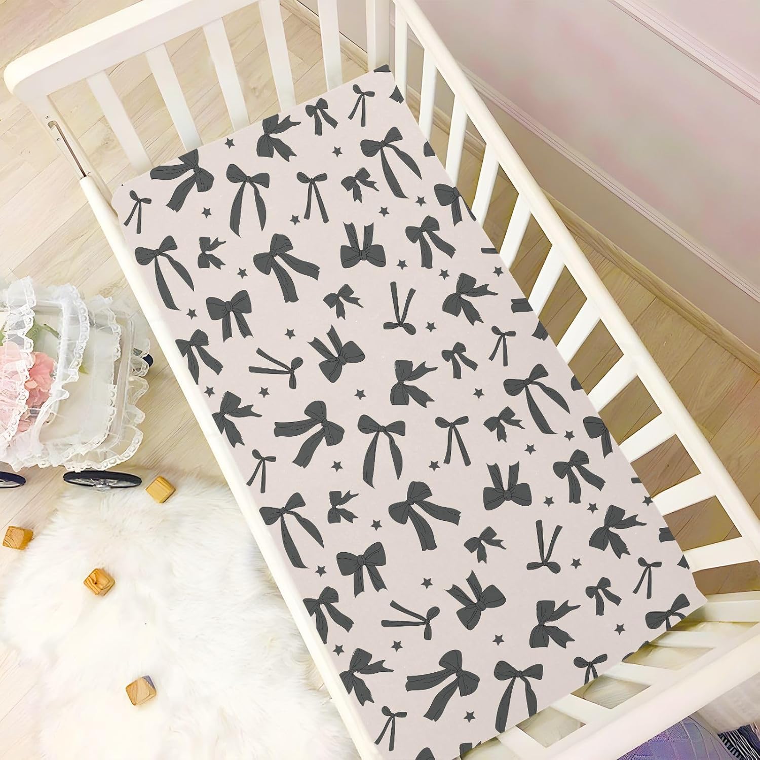Baby Crib Sheets Black Cute Bow Crib Sheets for Boys Girls,Neutral Bassinet Toddler Bed Play Sheets Breathable Soft and Portable 52 * 28 * 9in