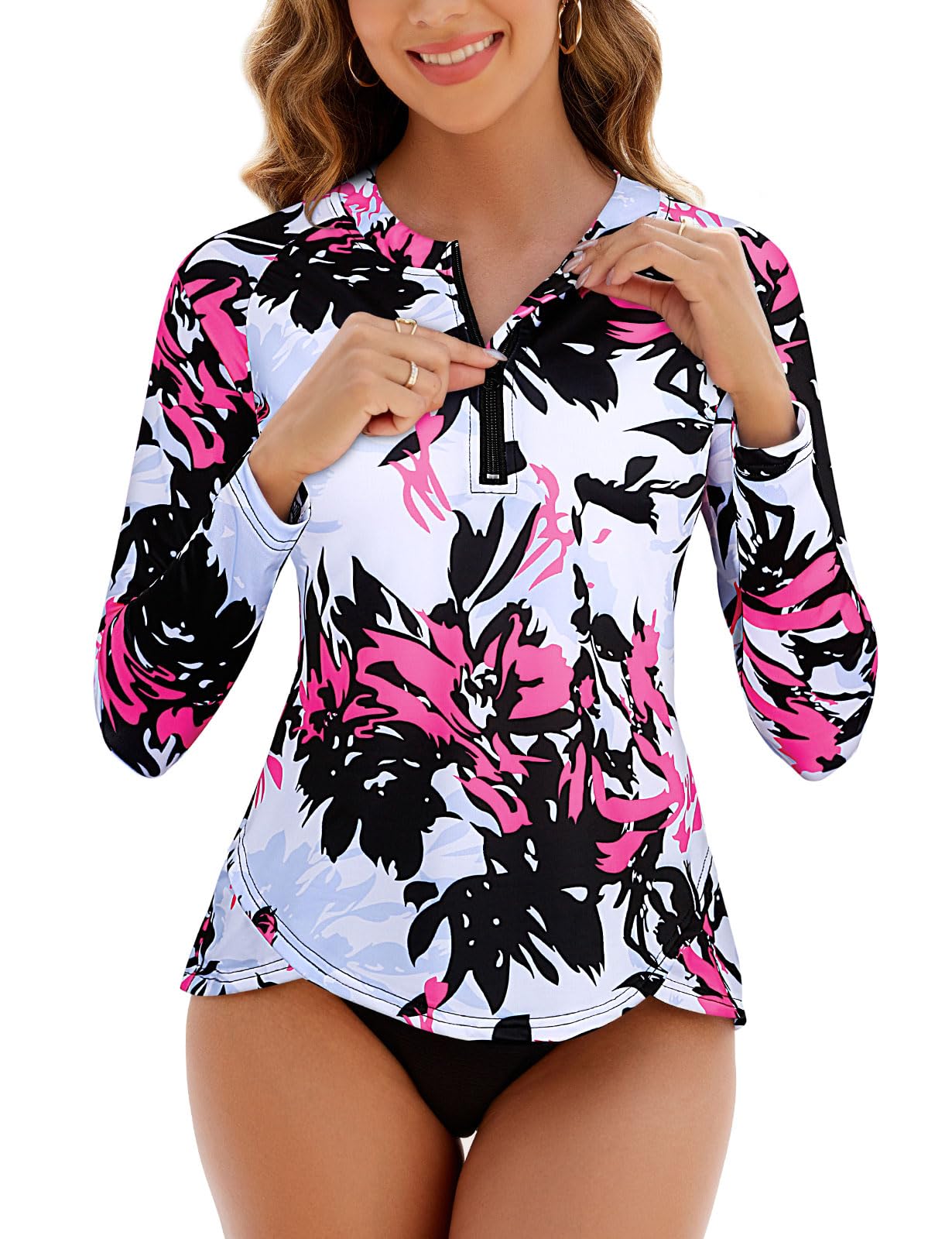 Cucuchy Womens 1/4 Zip Up Rash Guard for Women Long Sleeve Swim Shirts UV Sun Protection Swimsuit S-2XL