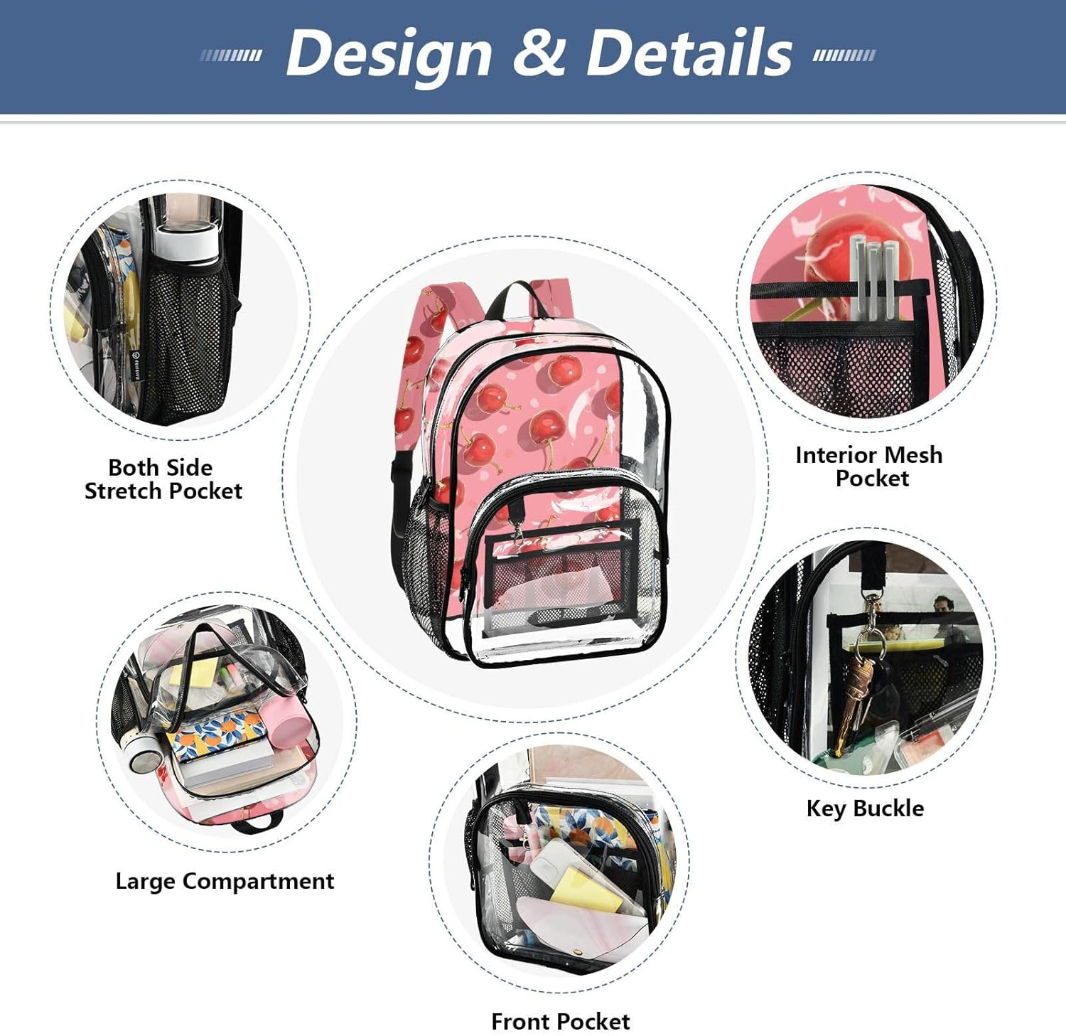 Fresh Cherry Polka Dot Clear Backpack Heavy Duty See Through Transparent PVC BookBag for Kids Boy Girl Adult School Work