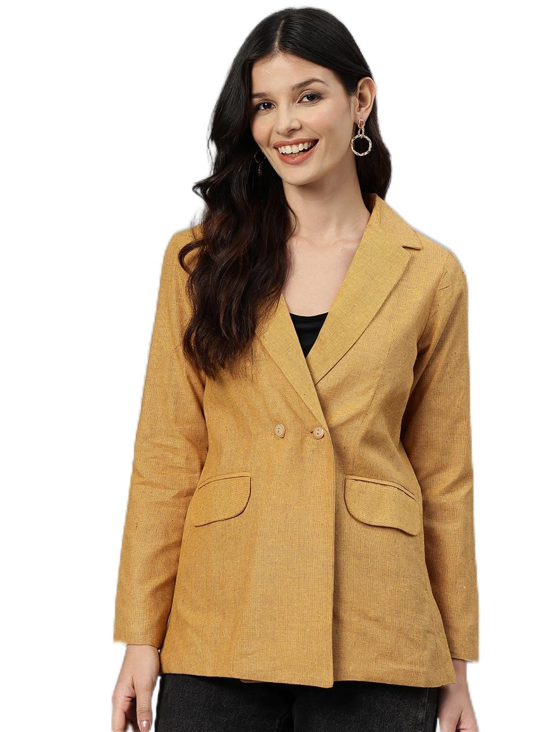 cottinfab Women Mustard Solid Double-Breasted Pure Cotton Semi Formal Blazer-picture-42