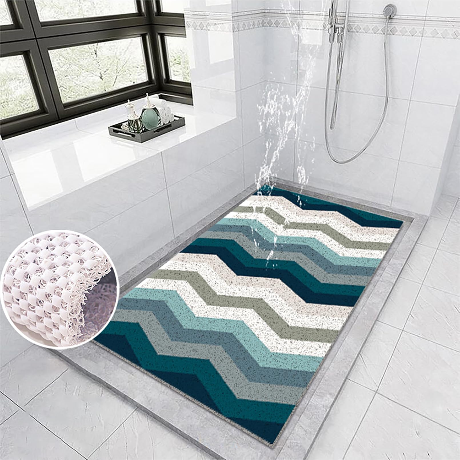 Tappetino da doccia antiscivolo, 40 x 60 cm, morbido e confortevole, in PVC alla moda, con ganci, alta permeabilità all'acqua