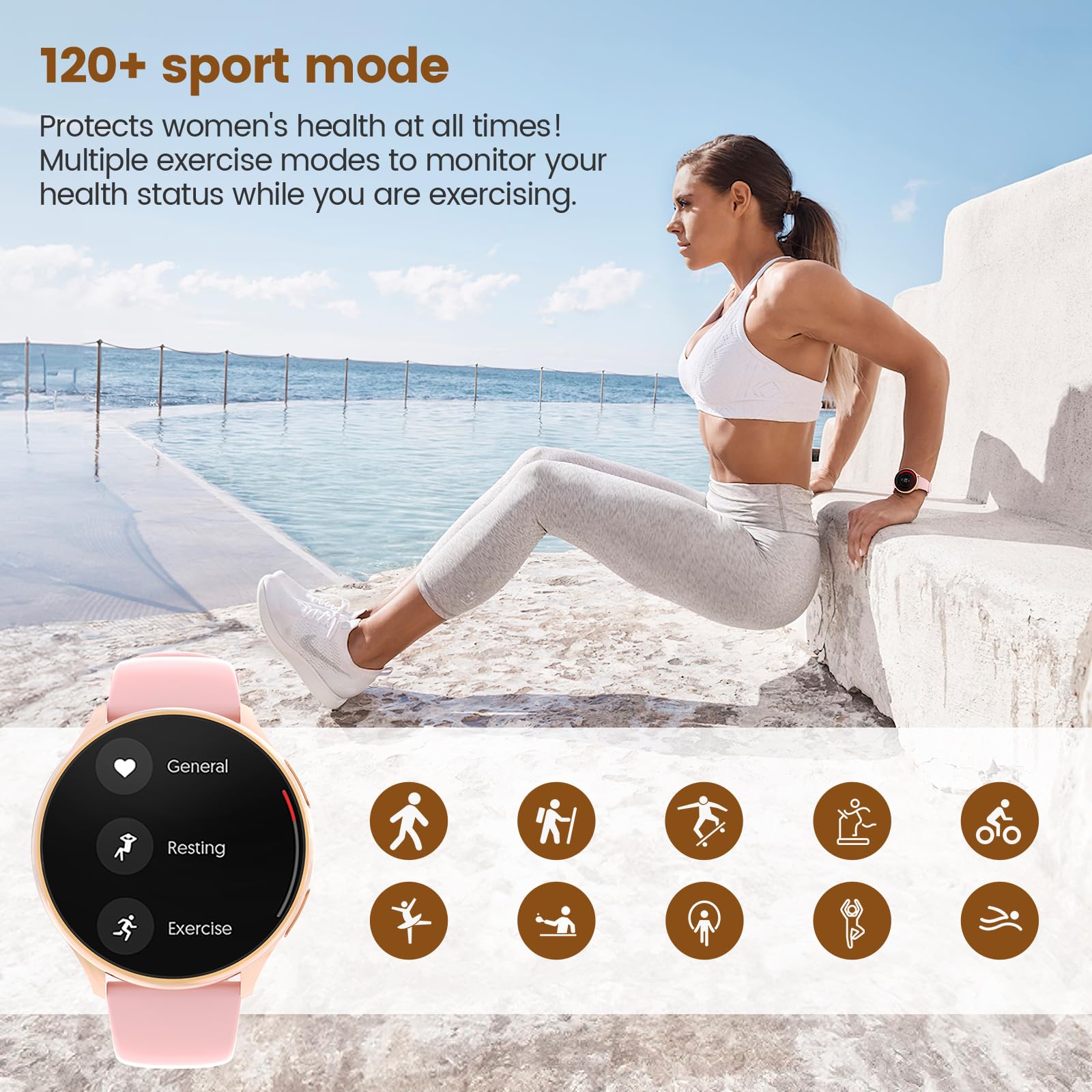 Loekneue Smartwatch Donna con Chiamate 1,39'' Orologio Touchscreen HD /SpO2/Ciclo Mestruale/Monitoraggio del Sonno/IP67Impermeabile/Fitness Pedometro/iOS Android Oro Rosa