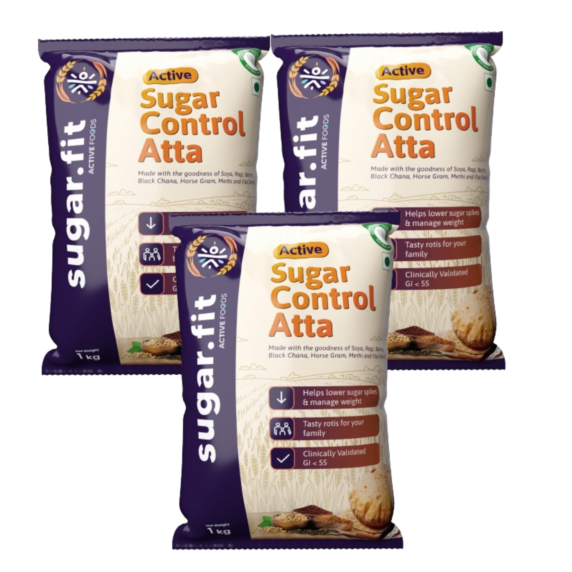 Sugar.Fit Active Sugar Control Atta 1Kg - Pack of 3, 8-in-1 Multigrain Atta flours Sharbati Wheat, Soybean, Black Chana, Ragi, Barley, Fenugreek, Flax Seed & Horse Gram - Supports Healthy Blood Sugar & Weight Management, Low GI & Diabetic Friendly (B0D5LWMT6C) Amazon Price History, Amazon Price Tracker