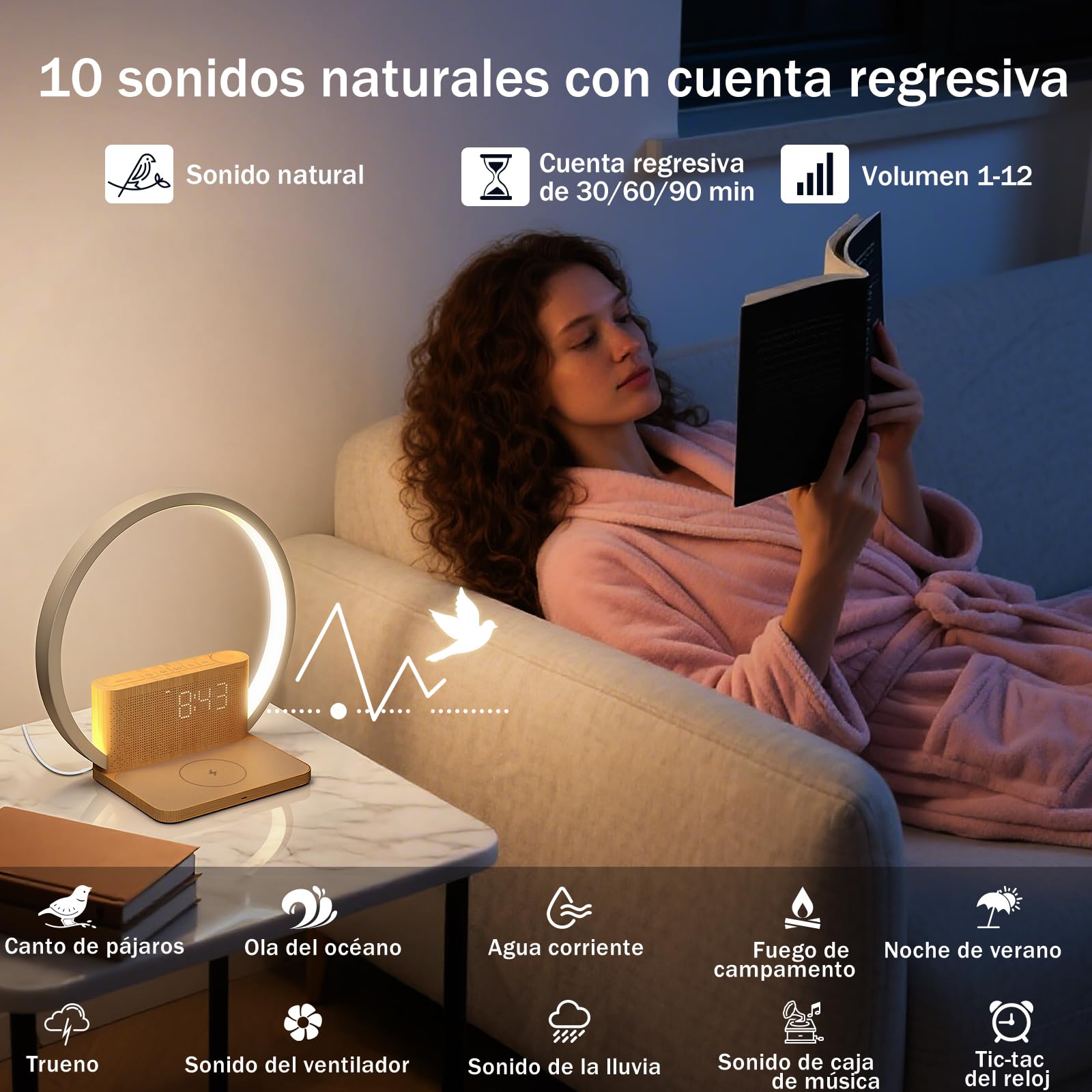 blonbar Lámpara de Mesita con Carga Inalámbrica y Despertador de Amanecer | Despertador con Luz,Regulador táctil 3 niveles de brillo,Sonidos Naturales,Snooze, apto para dormitorio y escritorio