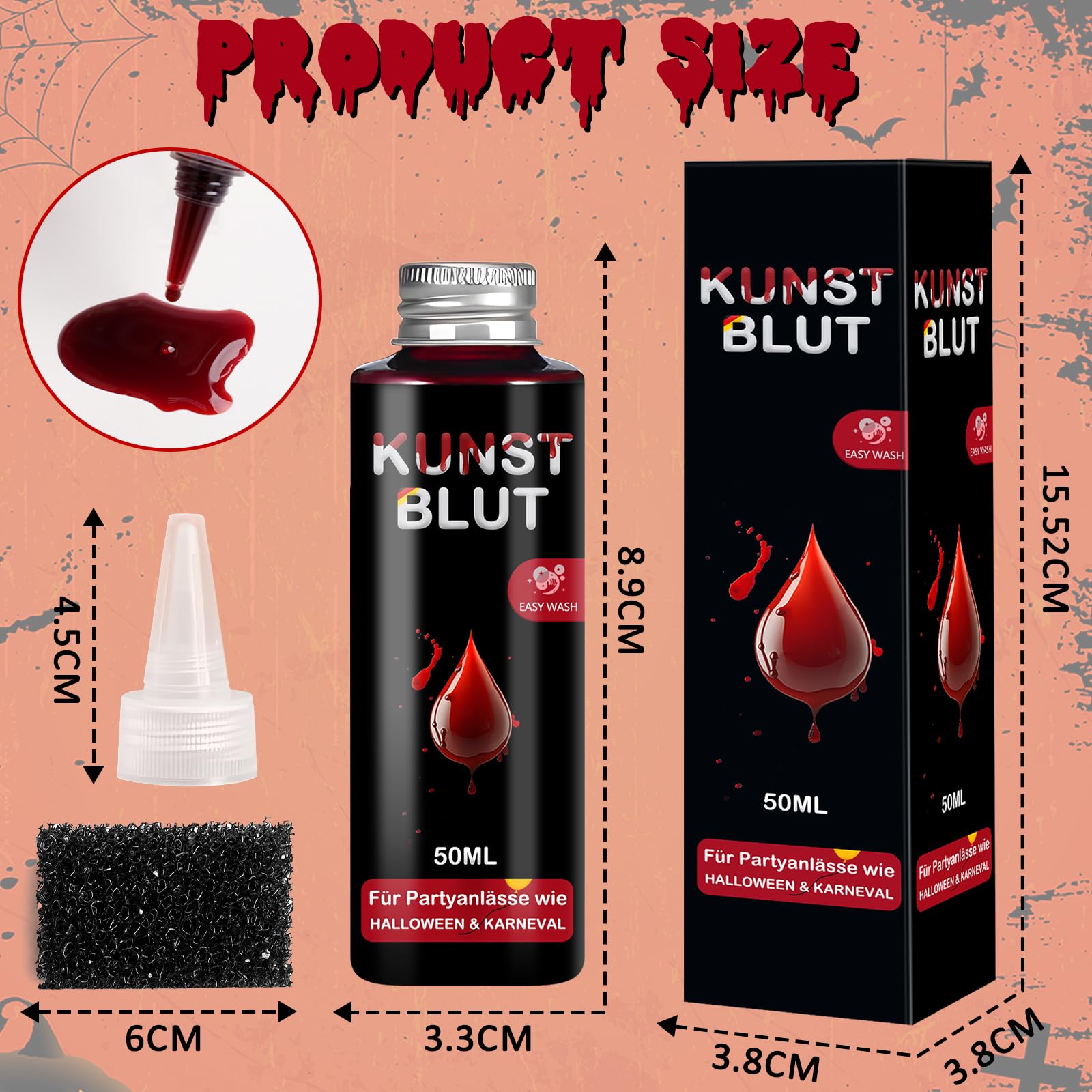 SEO-FANALLY Sangue Finto 50 ml +1 Spugna, Halloween Trucchi Viso Lavabile, Trucco Halloween Fake Blood Kit, Utilizzato per il Trucchi Halloween, Zombie, Vampiro, Cosplay, Trucco da Clown Teatrale