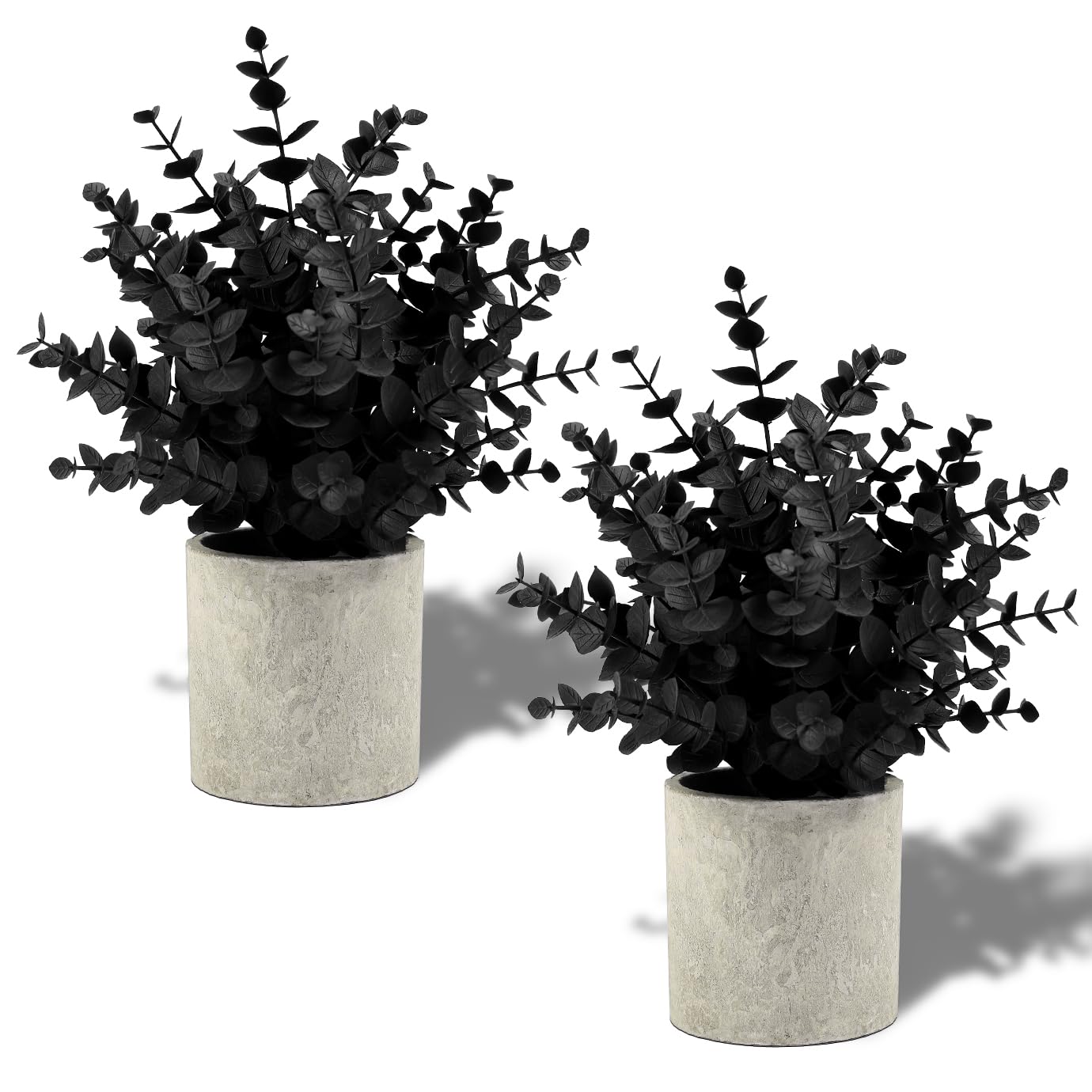 Coferset Plastic 2 Pack Black Fake Eucalyptus Small Fake Plants Potted Artificial Plants for Halloween Decorations Shelf Desk Home Farmhouse Room Coffee Table Bathroom Decor(Black)