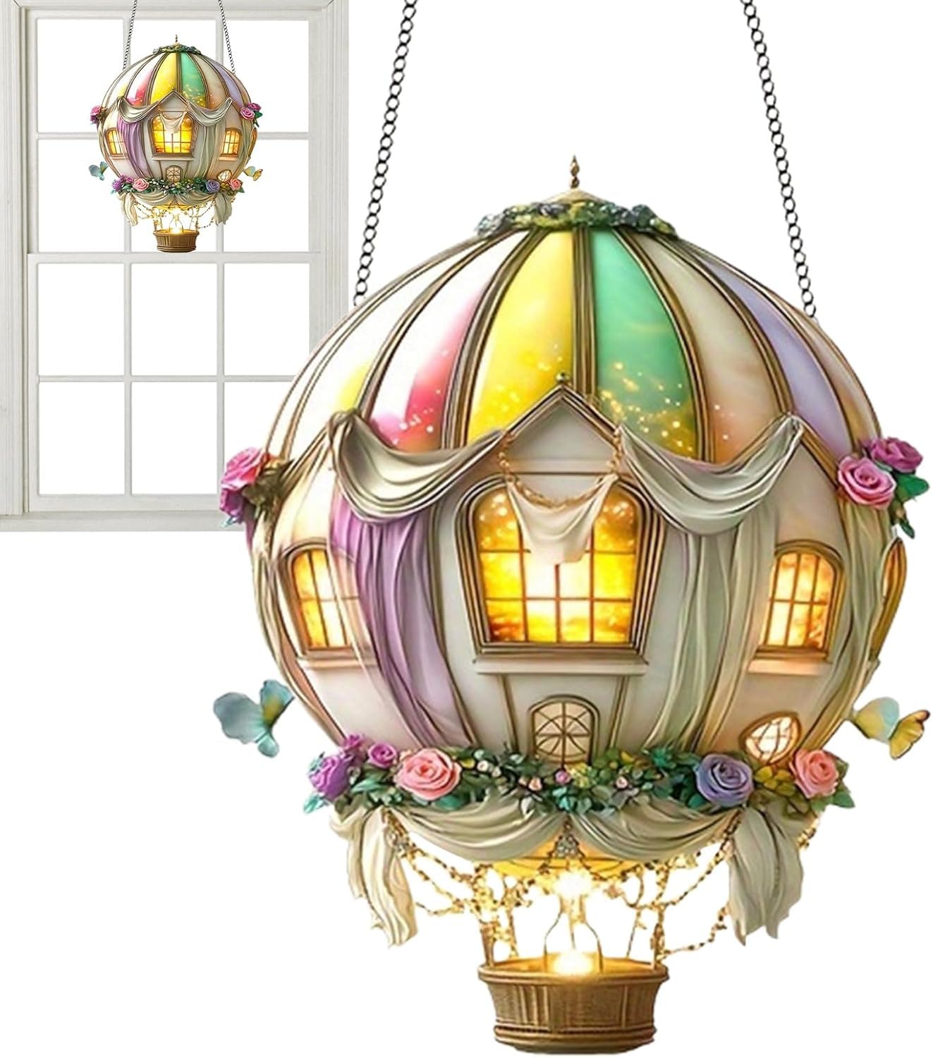 Solar Hot Air Balloon Light Outdoor Garden Decor Hanging Acrylic Lantern with Flickering Flame Effect 2D Decoration for Windows Pathways Patios Home Decor