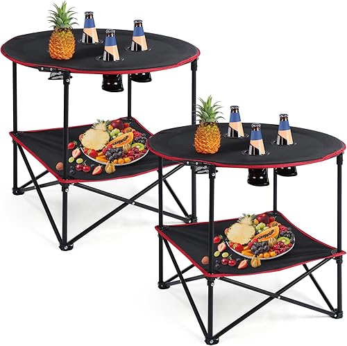 Mesa de camping portátil de 2 piezas, mesa de picnic plegable con 4 portavasos y bolsas de transporte, mesas portátiles Oxford plegables para