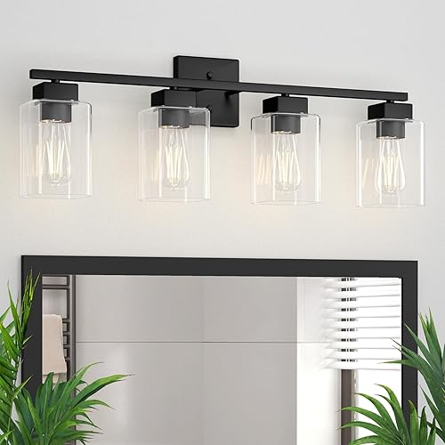 Espird Lámpara de tocador de baño de 4 luces, color negro mate, diseño cuadrado y certificación UL, lámpara cuadrada sobre espejo, lámparas de