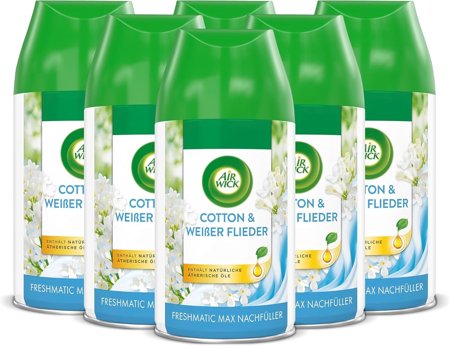 Air Wick Freshmatic Max Raumspray – Nachfüller für den Air Wick Freshmatic Max – Duft: Cotton & Weißer Flieder – 6 x 250 ml Nachfüller Raumduft und Lufterfrischer