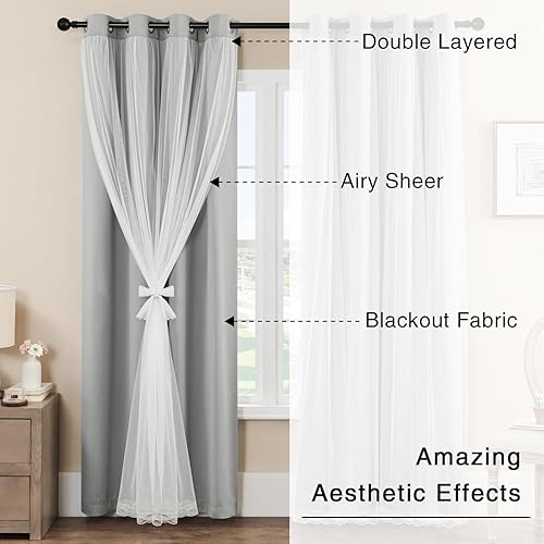 Miniatura 2 de Cortinas opacas del 90% al 95% con transparente aplastado, juego de 2 paneles de cortina parte superior con ojales plateados antiguos, gris claro,