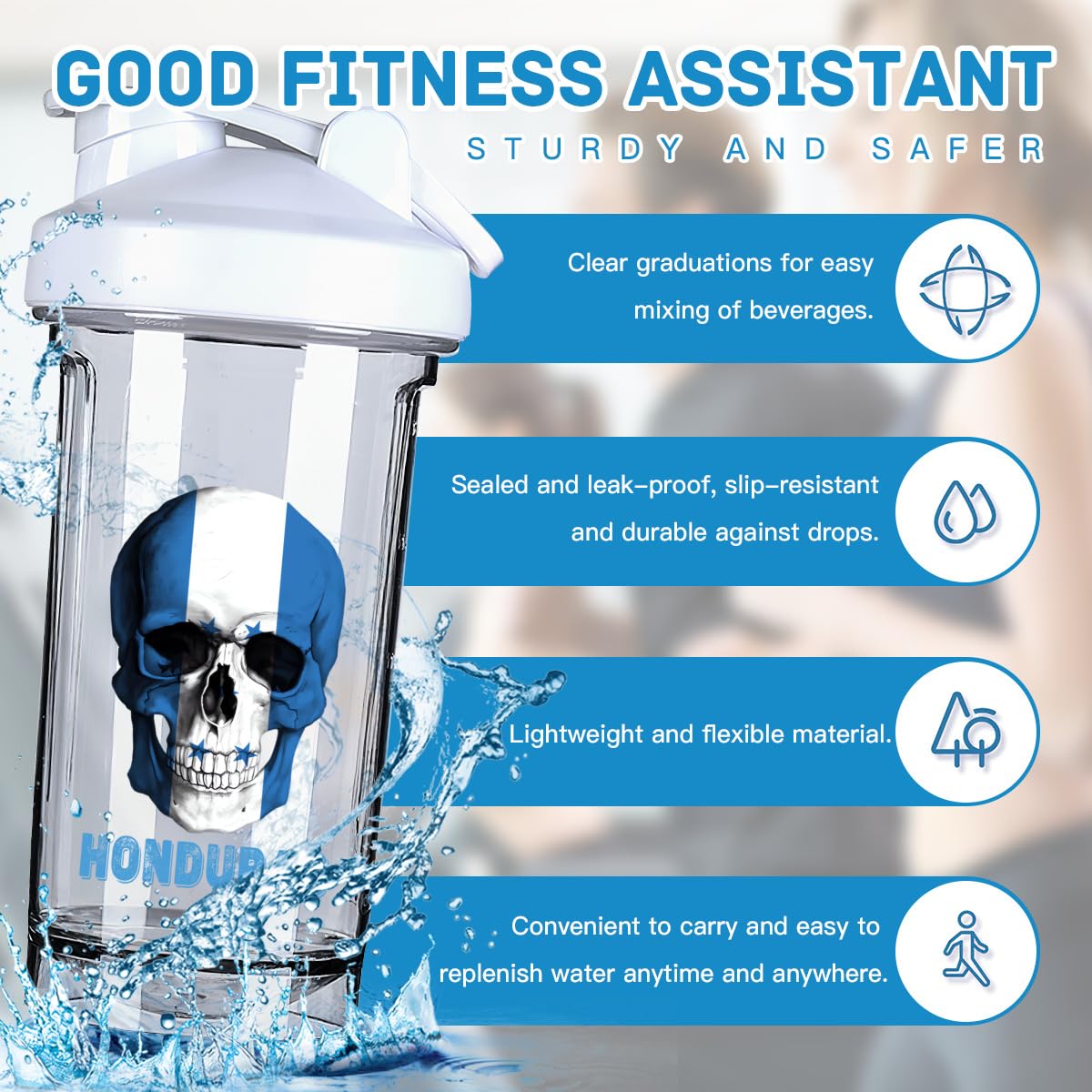 Skull Honduras Flag 18 Ounce Shaker Bottle Drink Mixer Leak-proof Pre Workout Protein Shakes Meal Replacement Shakes Bottles 500ML/18 Oz White