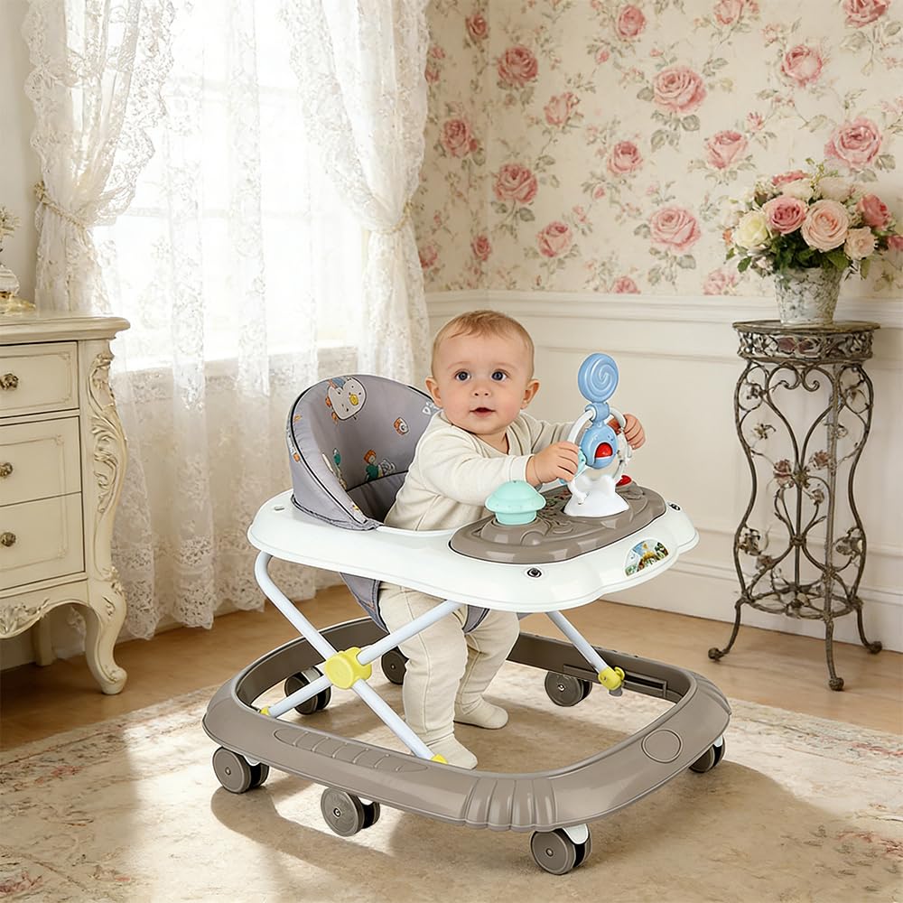 Andador 4 en 1, Andador plegable para bebé con bandeja de juegos interactiva con sonidos, base antivuelco, andador de ruedas de silicona y 4 posiciones de altura, de 6 a 18 meses (Kaki-67 x 72 x 92 cm