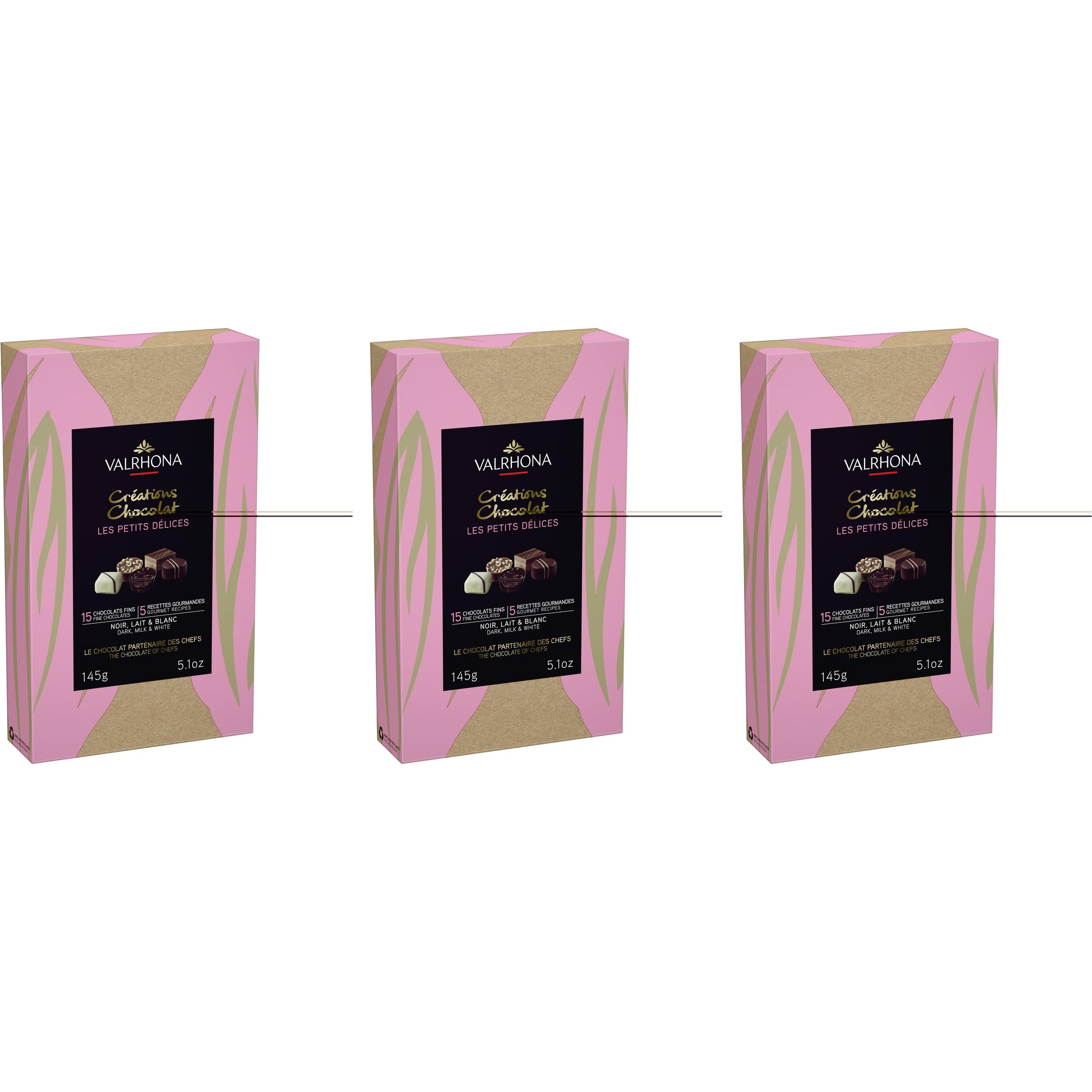 Valrhona Schachtel mit 15 Pralinen aus Zartbitter-, Vollmich- und weißer Schokolade Frankreich inkl. FeinWert E-Book (3 x 145g)
