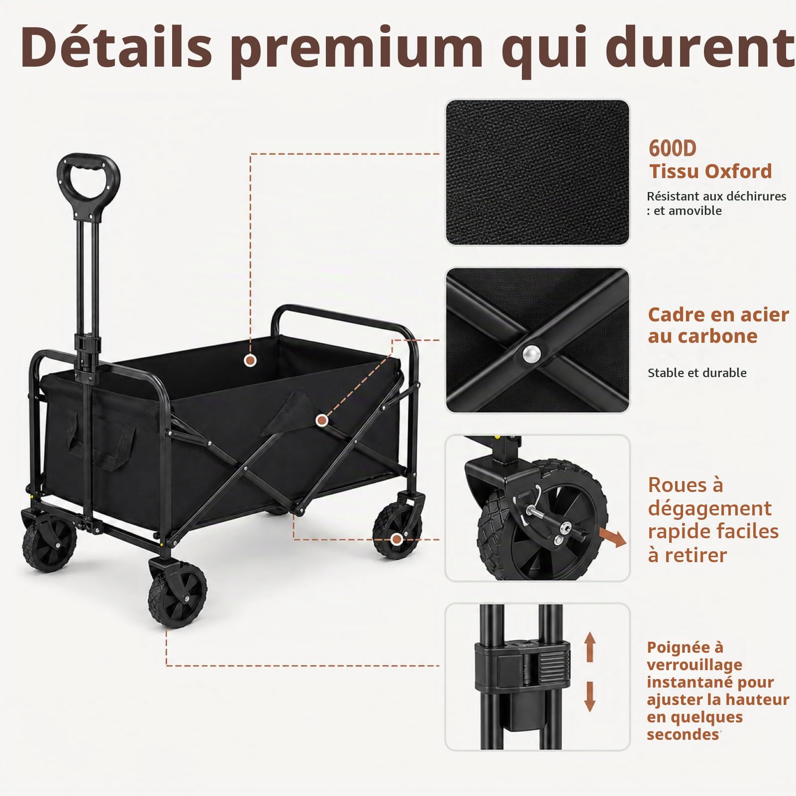 Surface de charge de 150 kg - Chariot de plage pliable - Grande capacité - Portable - Pour jardin, camping, festival