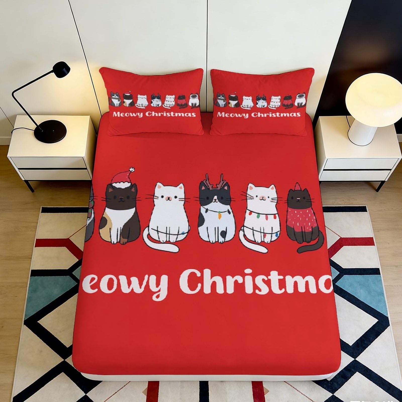 Jqzkxnhpbr Style-3 3D Printed Christmas Cat Fitted Sheet Microfiber Red Cartoon Animal Bed Cover For Bedroom Dorm Mattress Decor 90X200x25cm