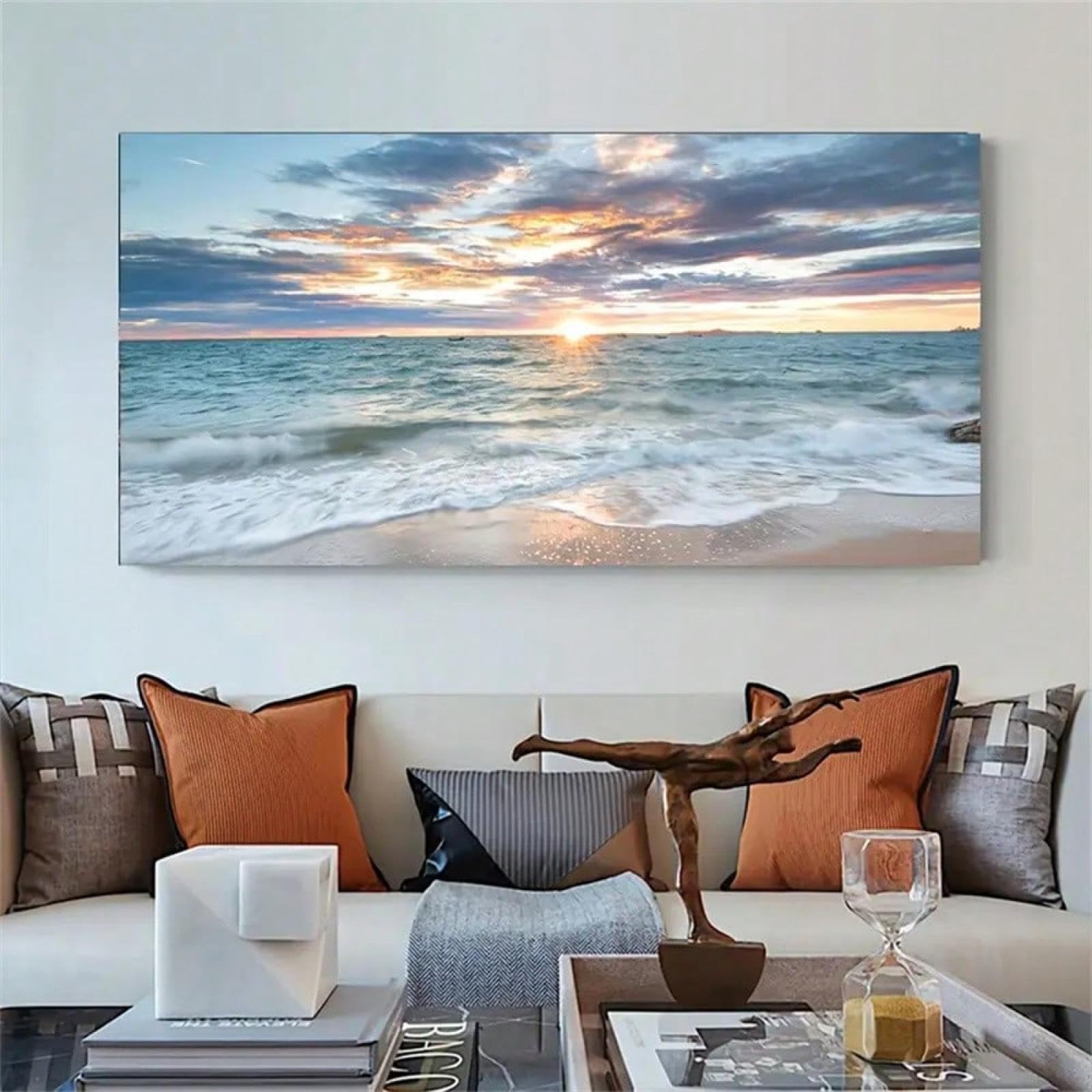 PEWFBS Grande stampa su tela con paesaggio marino al tramonto sull'oceano, decorazione murale nautica costiera per soggiorno, opera d'arte contemporanea 70x140 cm, senza cornice