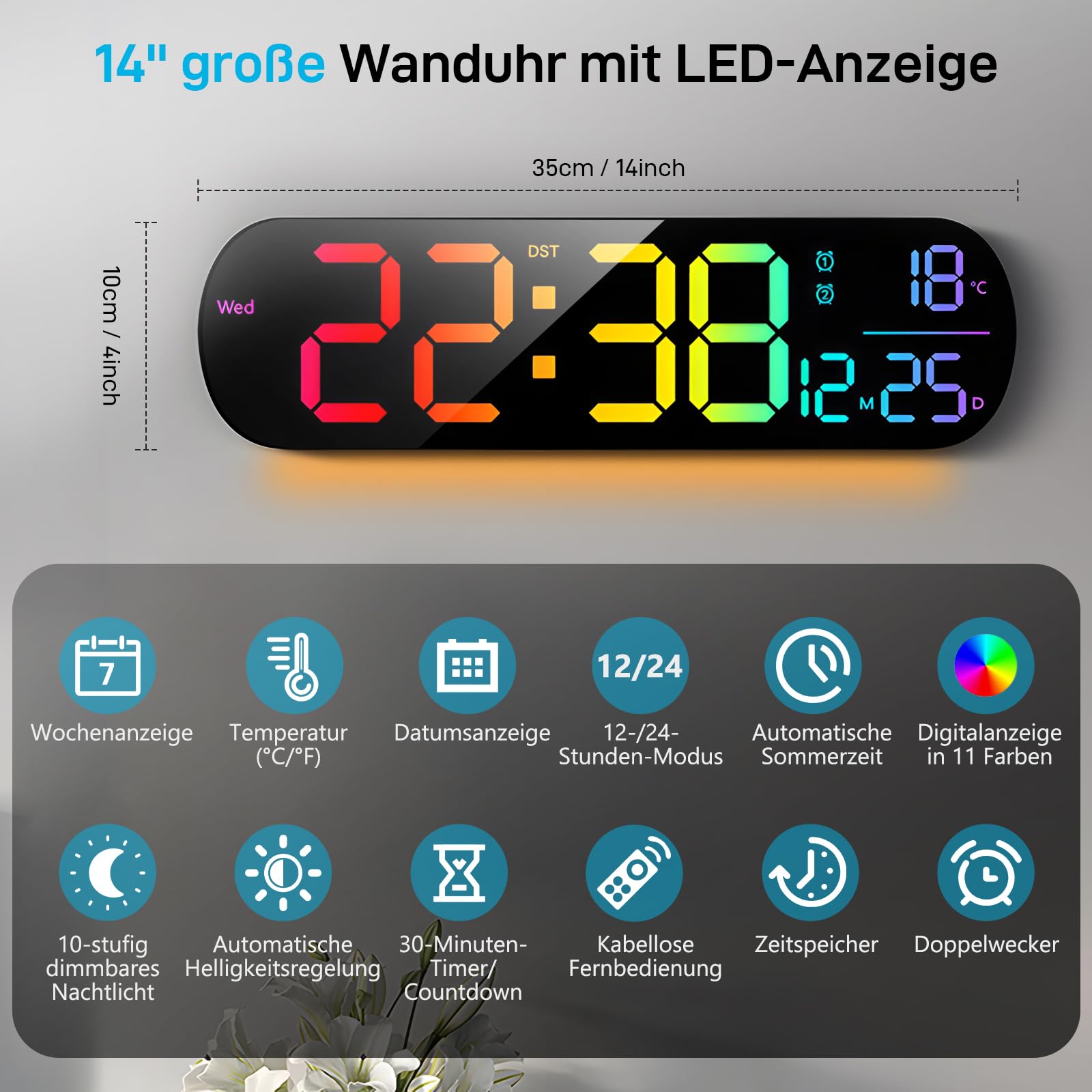 Grande horloge murale numérique de 30,5 cm avec compte à rebours, réveil, grande LED, 11 couleurs RVB, affichage de l'heure d'été et de la température pour salon, salle de classe, bureau, Noël et
