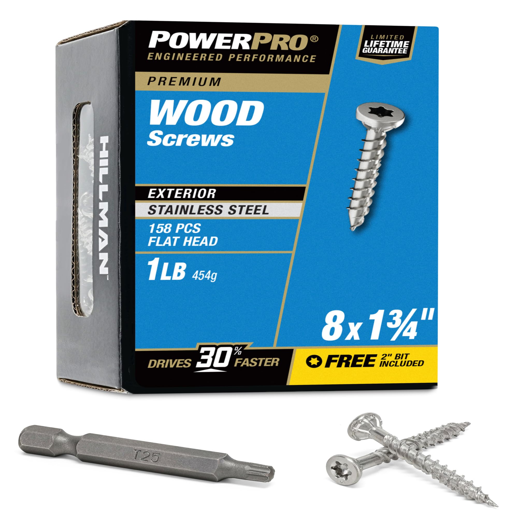 Hillman 48620 Premium Stainless Steel Wood Screw Marine Grade 305 Rust Protection for Outdoor Projects, 1lb Box