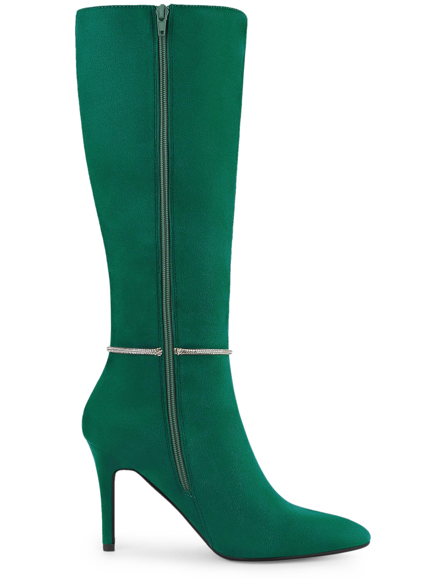 Allegra K Botas altas hasta la rodilla con tacón de aguja y cadena de cristal de diamantes de imitación para mujer, Verde, 38 EU