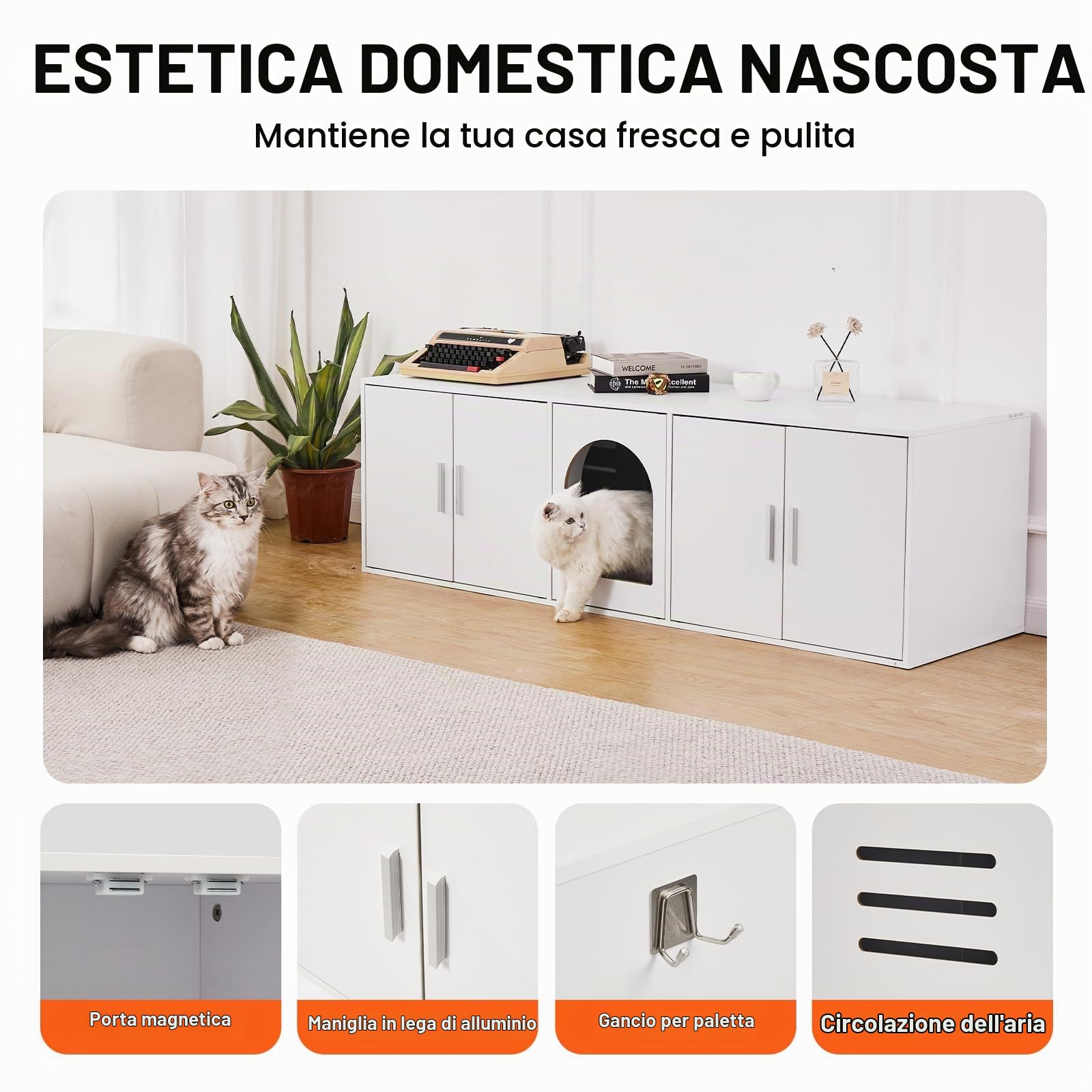 VEVOR Copertura per Lettiera per 2 Gatti, Toilette con Camere Doppie, Armadietto in Legno, Mobiletto per Soggiorno Copri Lettiera 1,47x0,46x0,45 m, Bianco