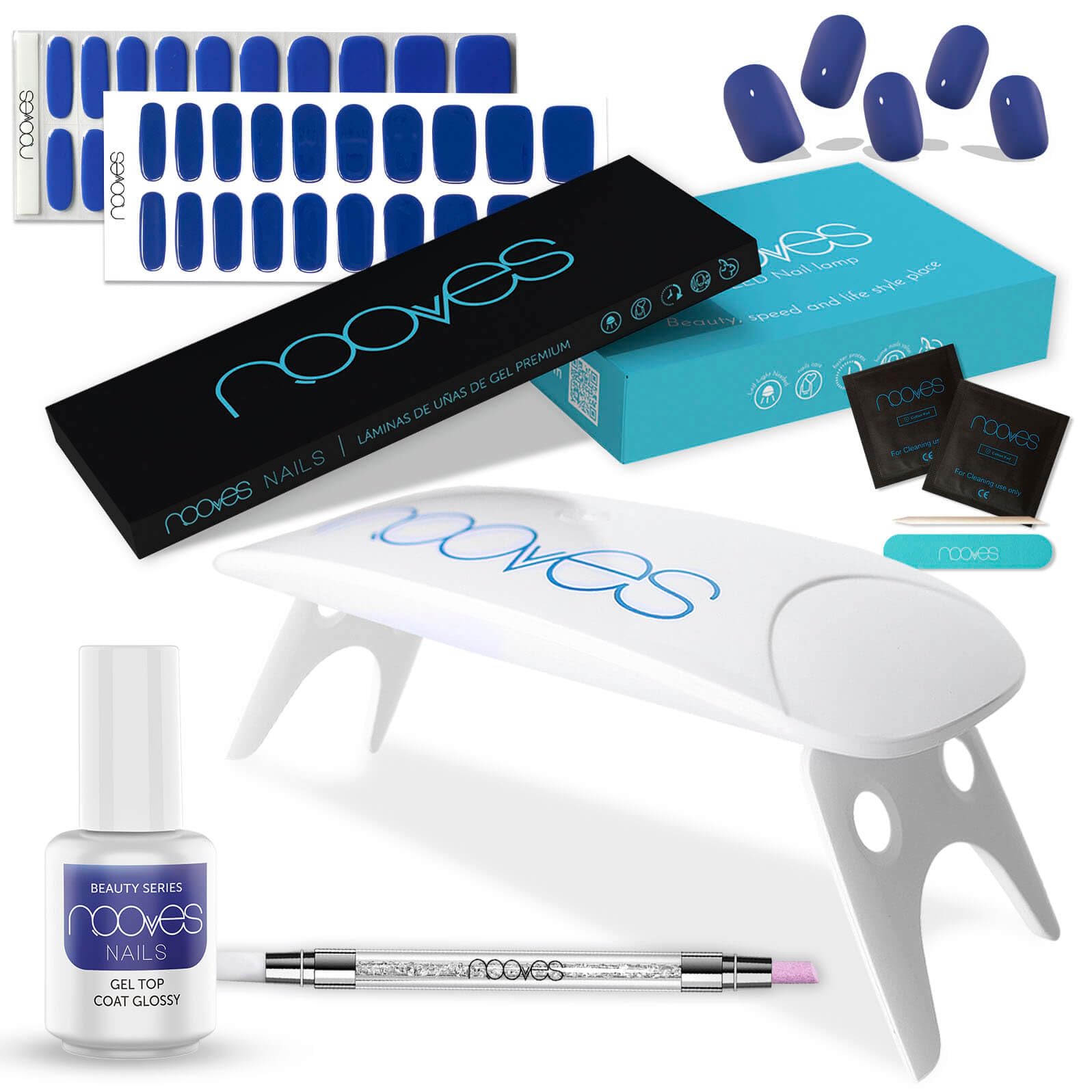 NOOVES - Starter Kit Beauty Azul, Láminas de Gel + Lámpara de Secado UV/LED + Top Coat Glossy + Quartz Dual Stick, Uñas Premium Semicuradas, Manicura, Nail Stickers