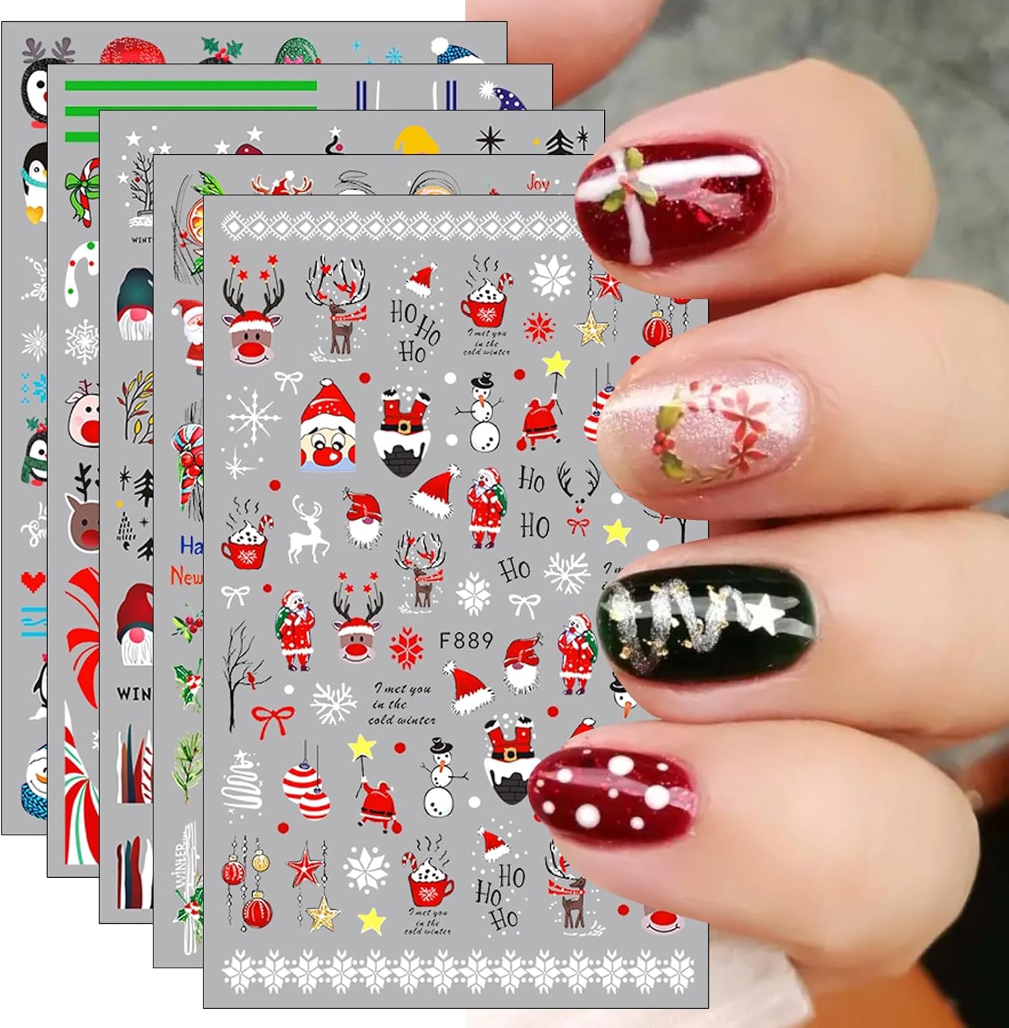 JMEOWIO 10 Sheets Christmas Nail Art Stickers Decals SelfAdhesive