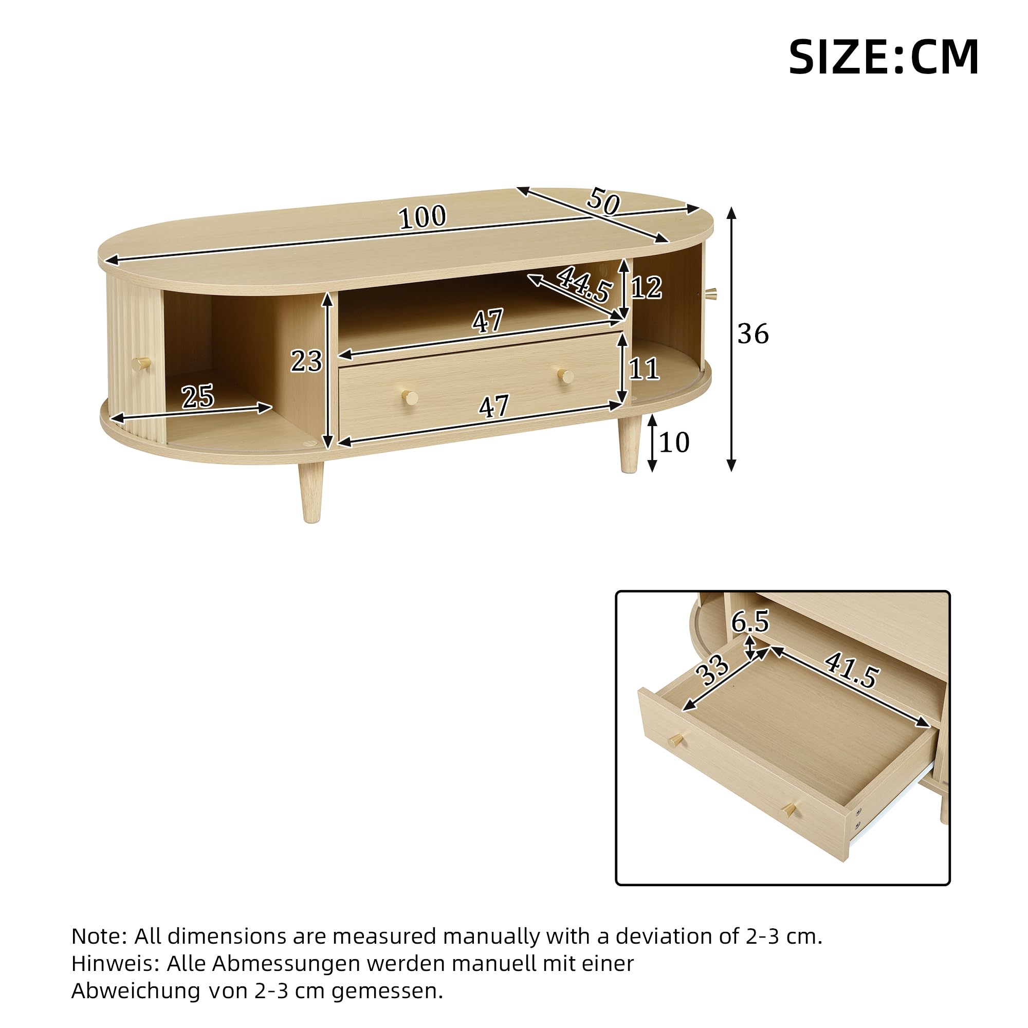 Table Basse Salon Ovale 100x50x36 cm avec Porte à roulettes et Rangement, Petite Table de Salon en Bois, Design Moderne pour Canapé et Petit Espace