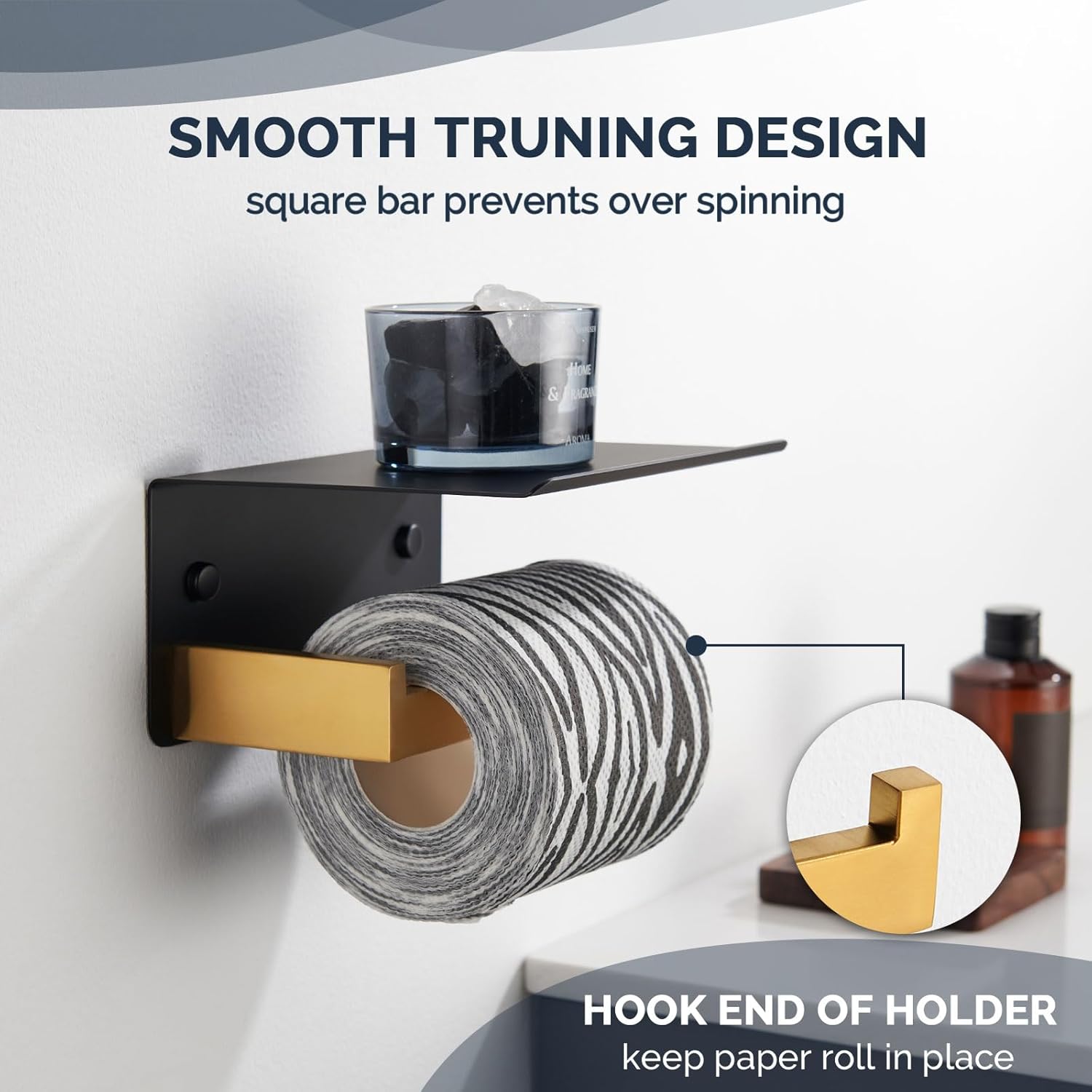 Angle Simple Bathroom Towel Hook Bundle with Toilet Paper Holder with Shelf (Black & Gold)