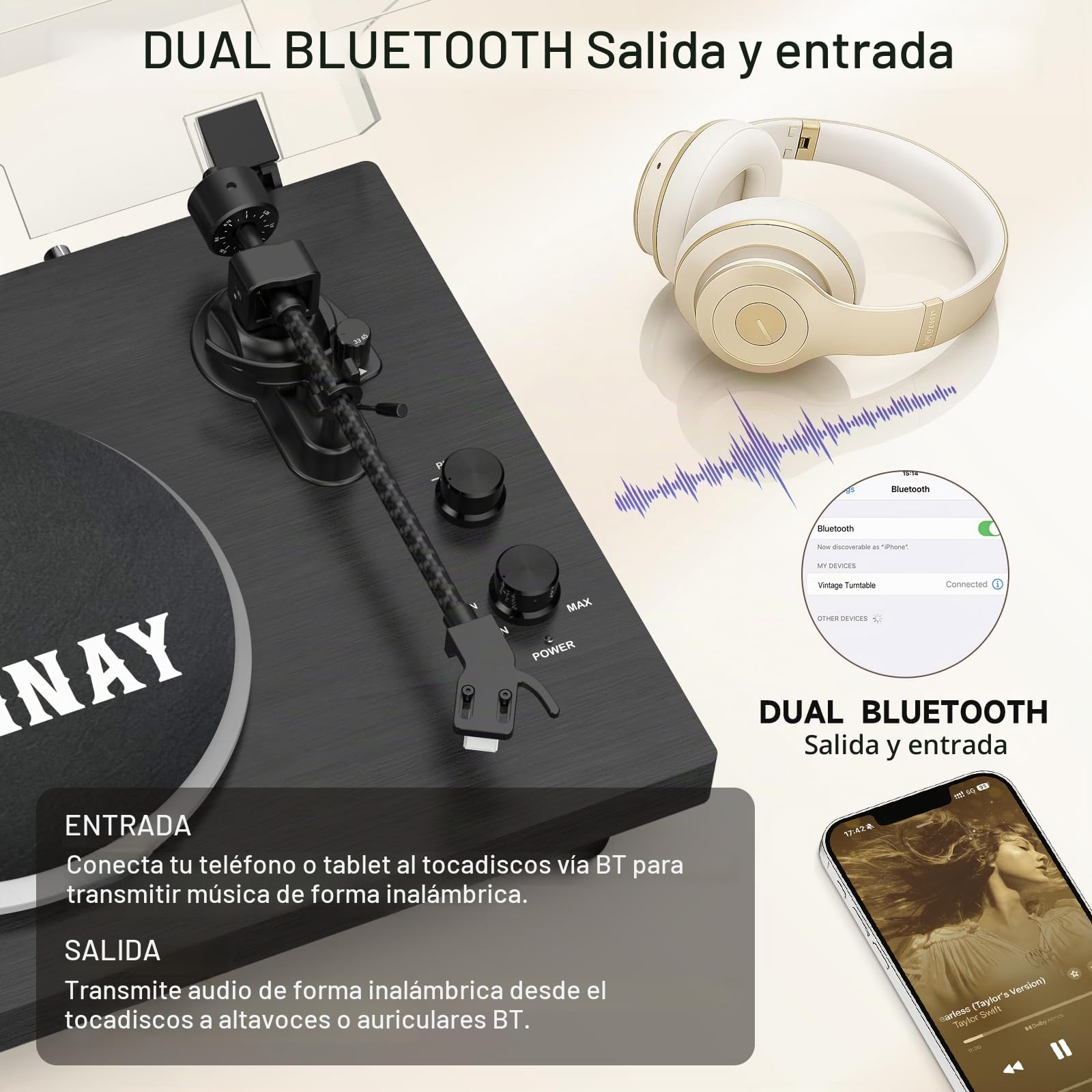 Tocadiscos con contrapeso Ajustable, Entrada/Salida Bluetooth, 33/45 RPM, Reproduce Discos de Vinilo de 7/10/12 Pulgadas, Sonido Hi-Fi para Amantes de la música de Vinilo, Negro