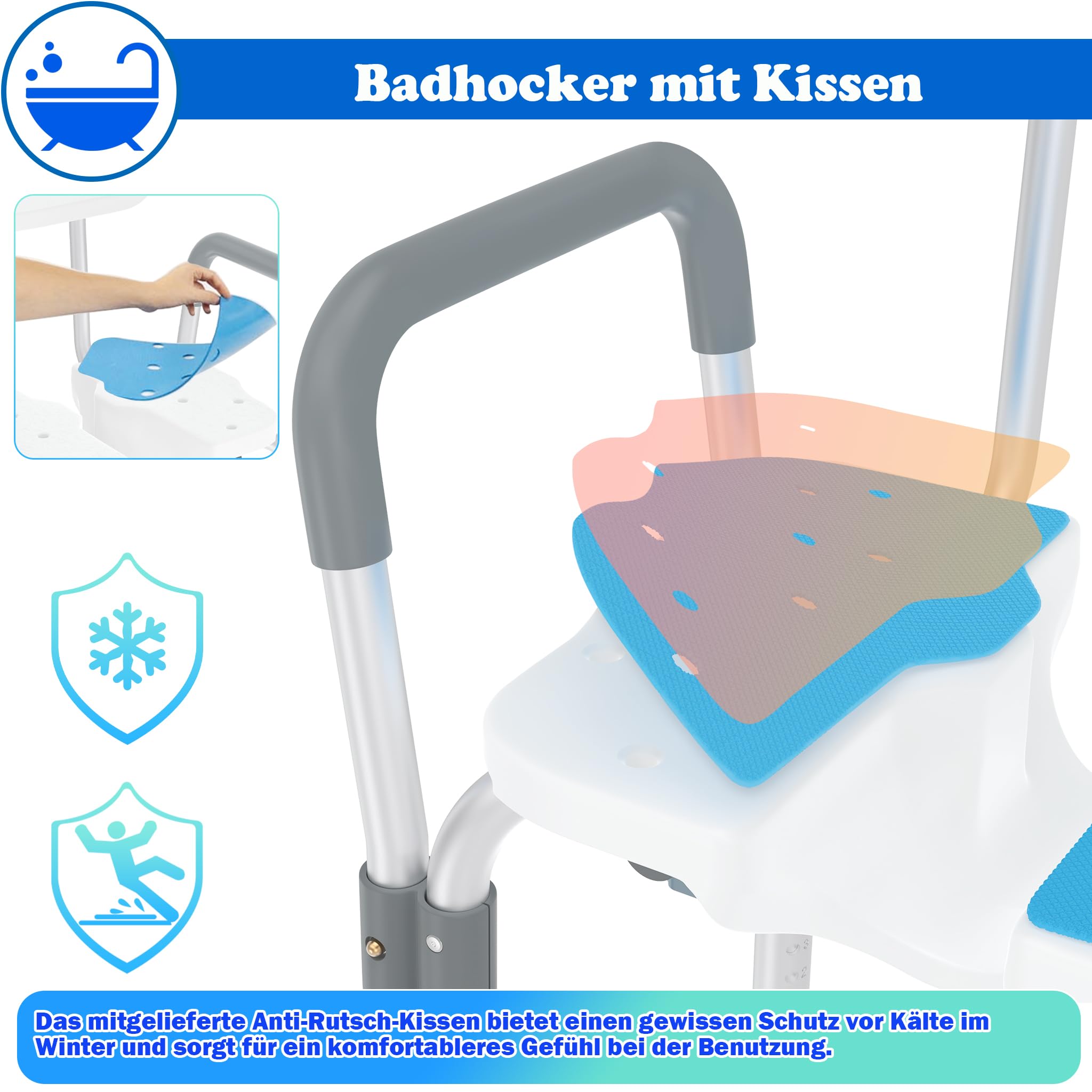 SUBTLETY Rillendesign Duschstuhl Aluminium Duschhocker mit Armlehnen, Rückenlehne & Rutschfestes Kissen, 74-84,5cm Höhenverstellbar Badhocker mit Anti-Rutsch-Füße bis 200KG für Senioren