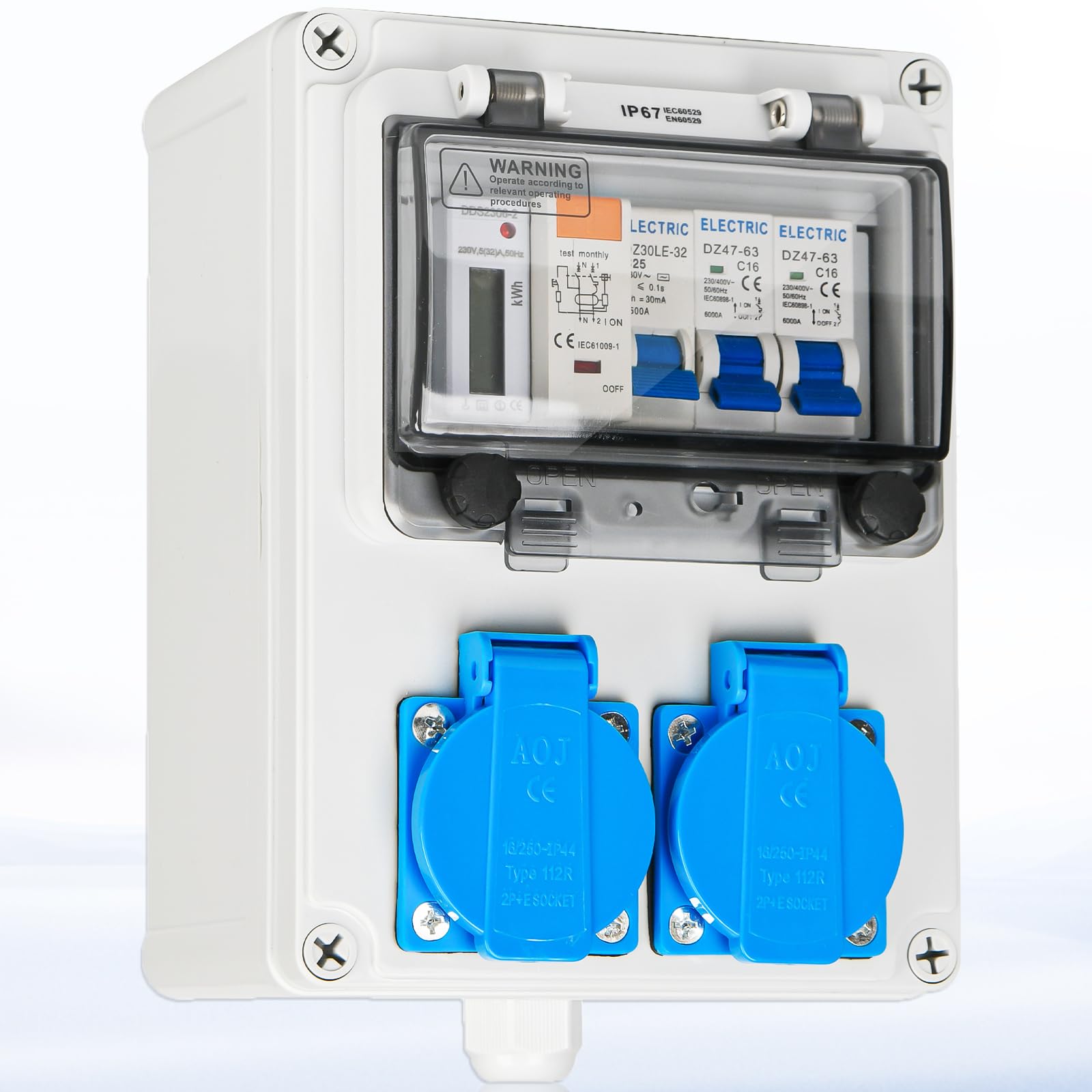 Warmfay Distribuidor de pared precableado, distribuidor de corriente para construcción con interruptor FI, interruptor LS y contador de electricidad, 2 enchufes Schuko de 230 V, carcasa impermeable