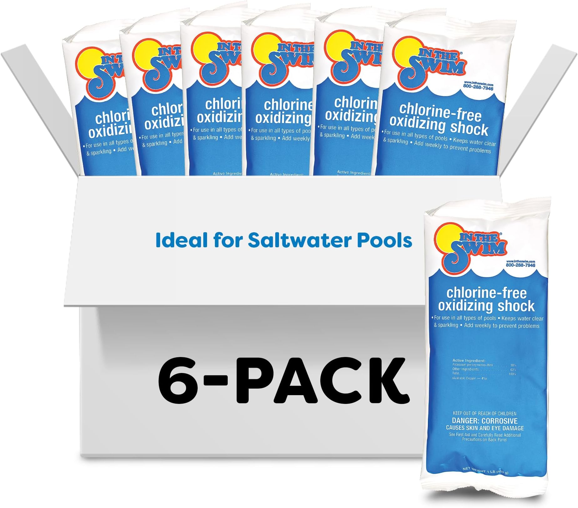 Chlorine-Free Pool Shock – Quick Dissolving, Fast-Acting, Shock-Oxidizer for Swimming Pools, Spas, and Salt Chlorinated Pools Compatible - 6 x 1 Pound Bags
