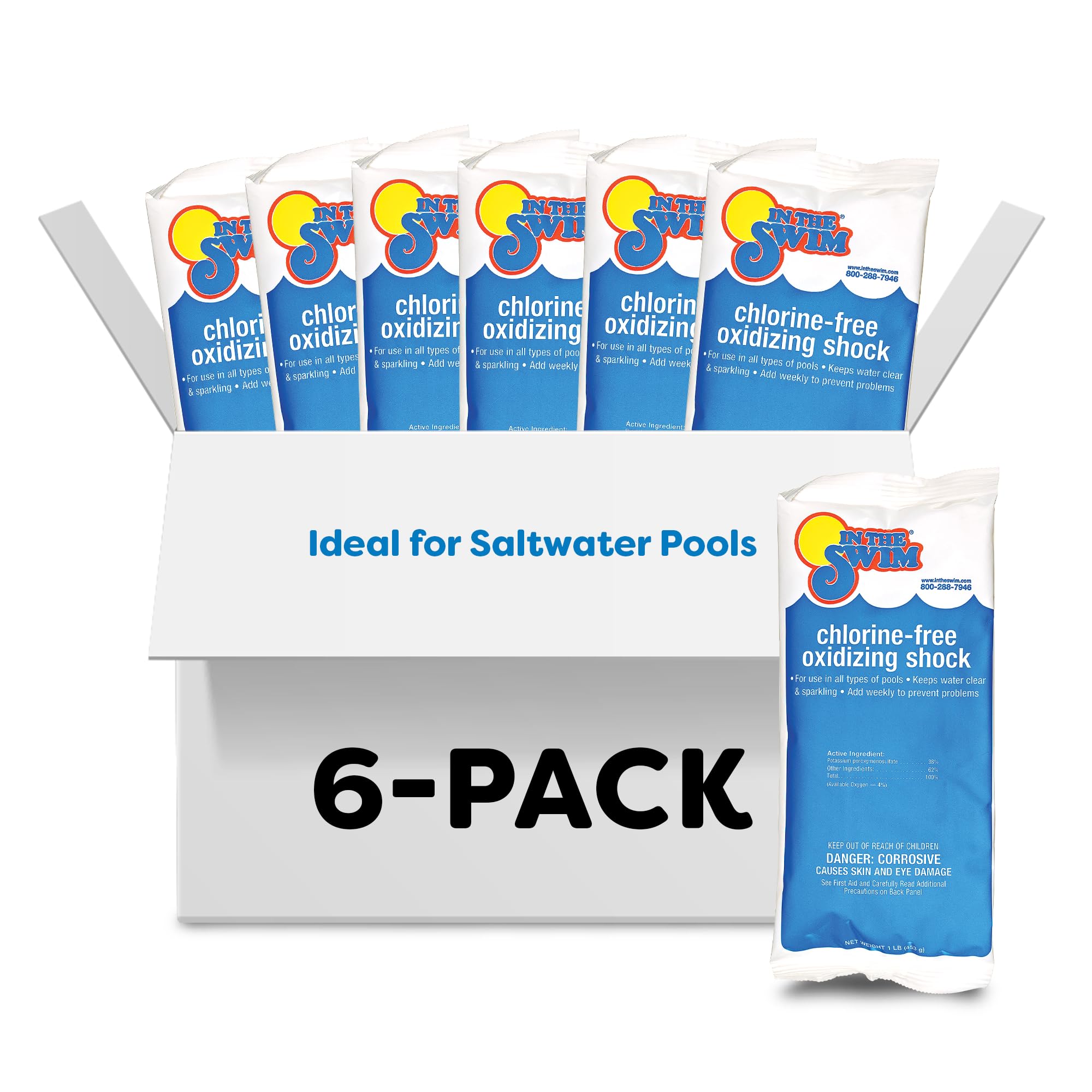 In The Swim Chlorine-Free Pool Shock – Quick Dissolving, Fast-Acting, Shock-Oxidizer for Swimming Pools and Spas - 6 x 1 Pound Bags