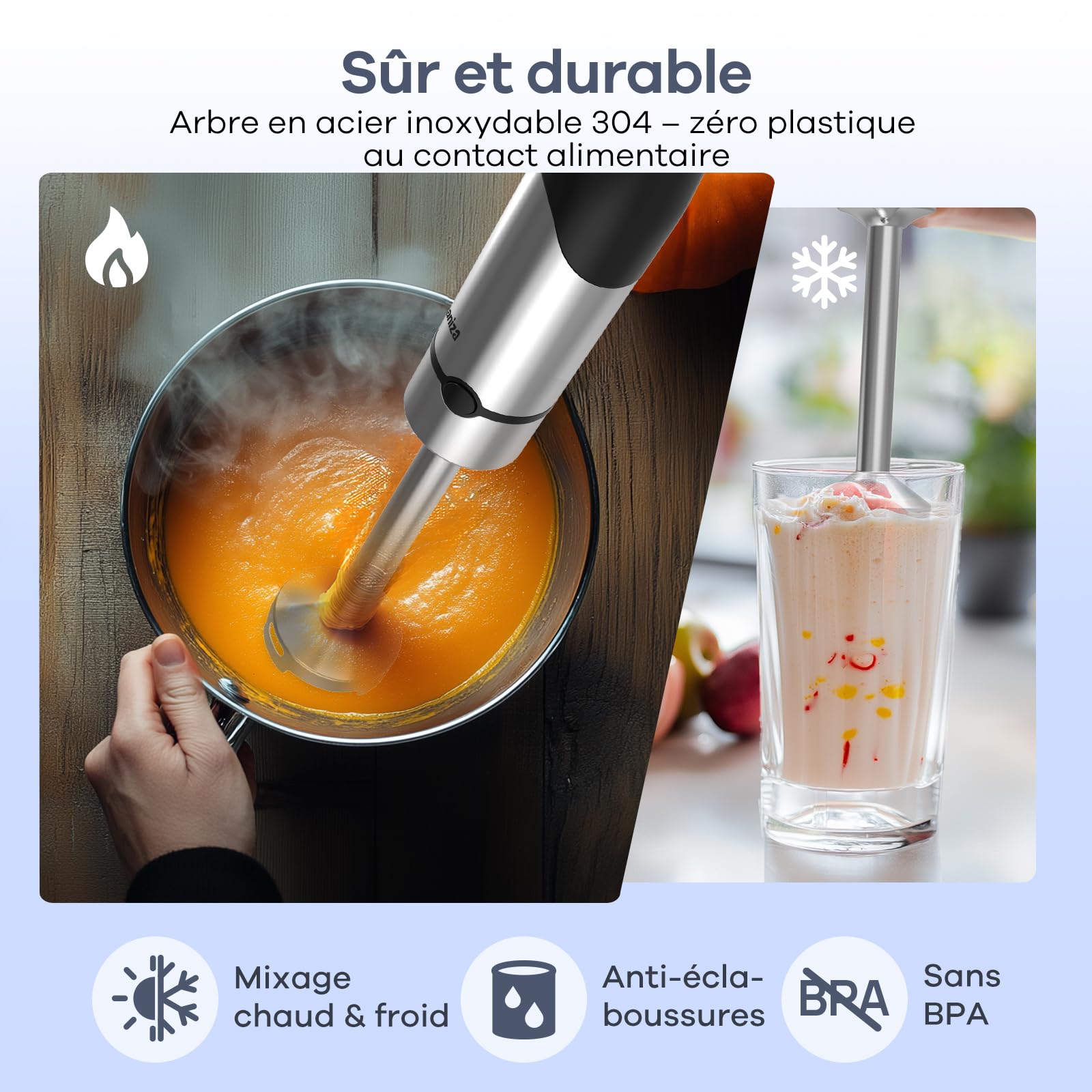Ganiza Mixeur Plongeant 5-en-1, Mixeur Plongeur 1200W en Acier Inoxydable, Vitesse Réglable& Modes Turbo, avec Hachoir de 600ml, Fouet, et Verre Doseur 800ml, Idéal pour Soupes, Smoothies