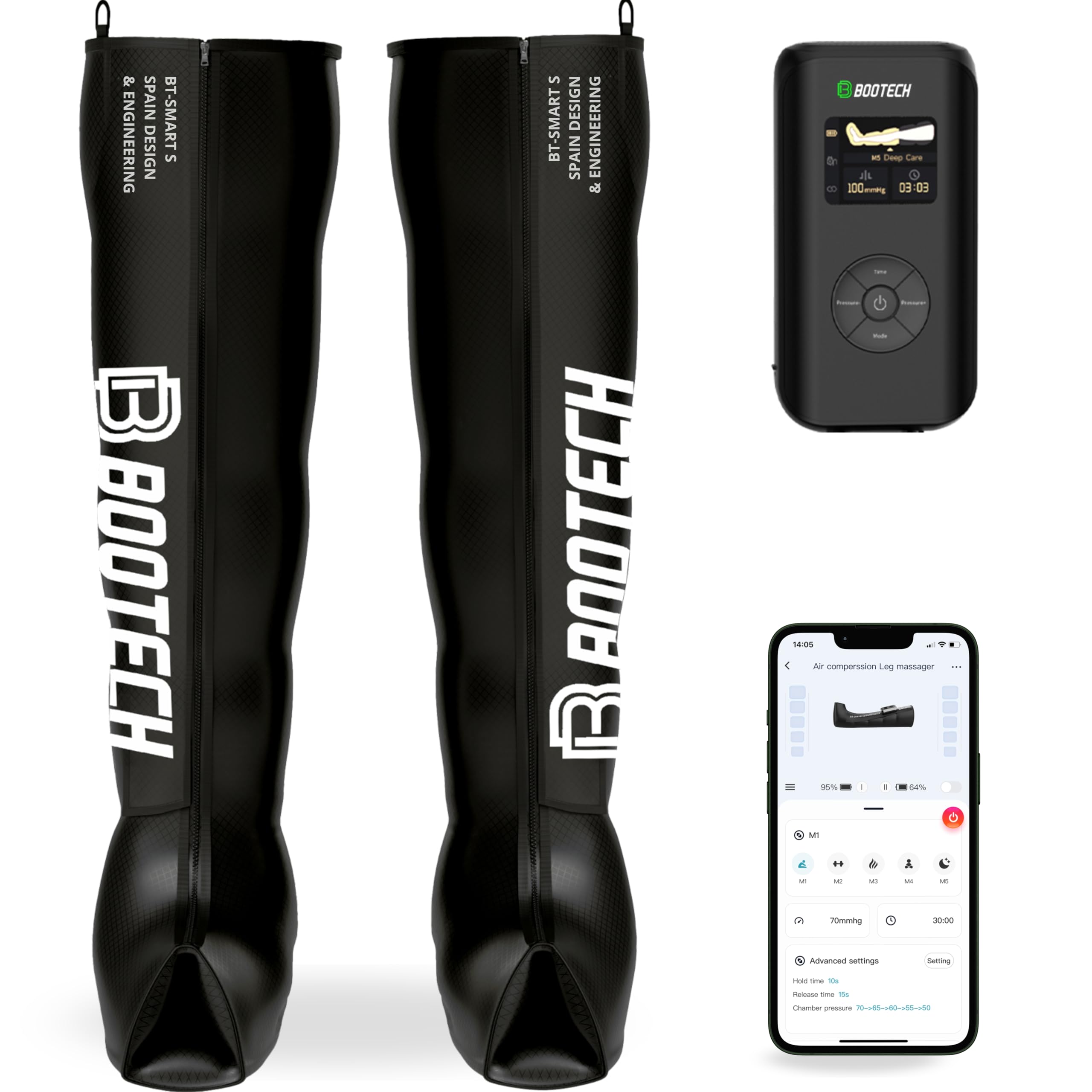 Botas de Masaje de Compresión de Piernas Inalámbricas con APP, Presoterapia de 5 Cámaras Superpuestas para Circulación, Drenaje Linfático y Recuperación Muscular, Batería 3H(L:desde180cm)