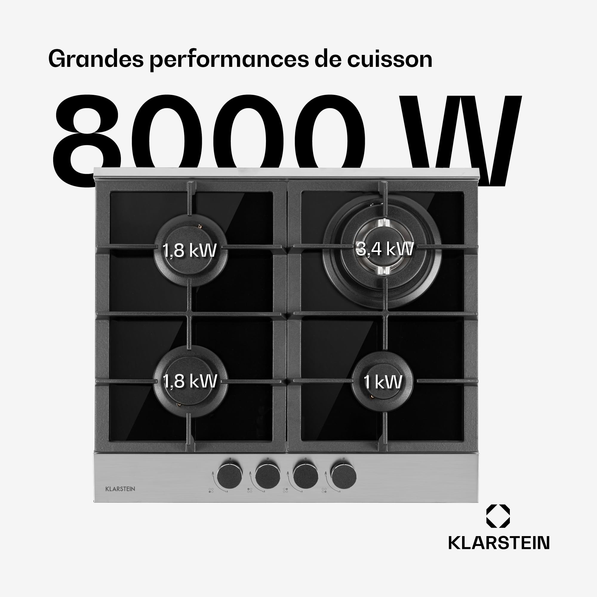 Klarstein Plaque de Cuisson Gaz 4 Feux, Table de Cuisson à Gaz 4 Brûleurs, Plaque 8.0 kW, Piano Cuisine en Acier Inoxydable, de Encastrable, a Cuisine Inox