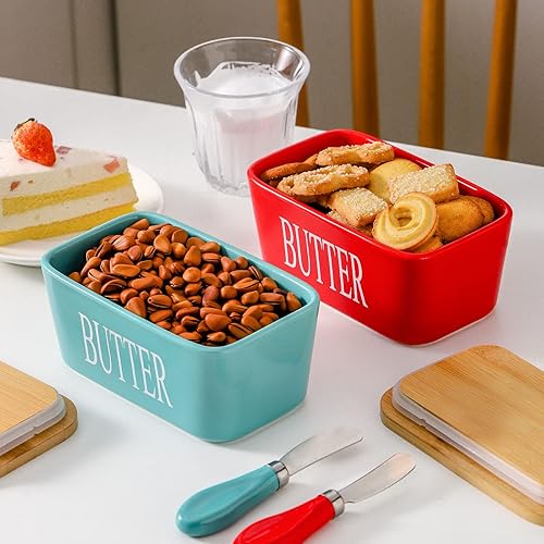 Miniatura 7 de Hasense Mantequillera de porcelana con tapa para encimera, plato grande de cerámica con cuchillo, recipiente hermético para mantequilla con tapa,