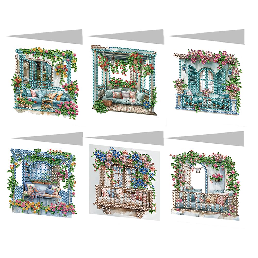 6 Pcs 5D DIY Diamond Painting Greeting Cards with Envelopes, Round Drill Crystal Craft Cards, Handmade Gift Rhinestone Painting Card for Birthday Christmas Family Friend-Flower Pavilion-05