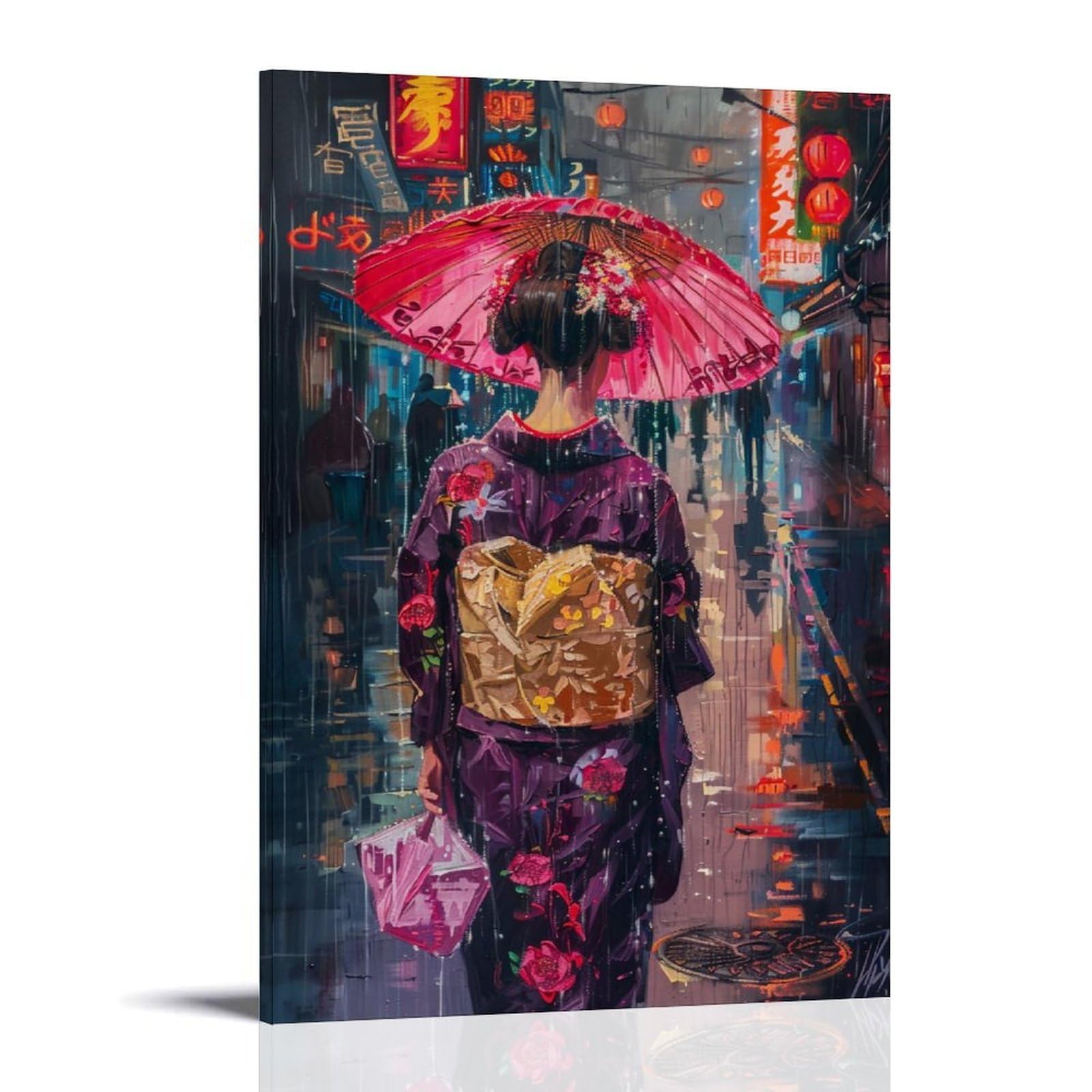HUERYRYHY Rainy Tokyo Geisha 02 Poster Wall Art Canvas Vintage Aesthetic Painting Decor for Rooms 12x18inch Frame-style