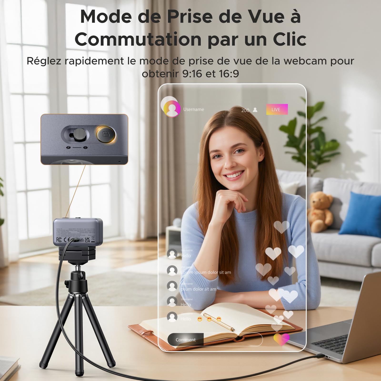 UGREEN FineCam 4K Webcam 30FPS Ultra HD Caméra USB A C PC Autofocus Trépied Métallique Deux Micro Antibruit Face AE Bascule Portrait Paysage pour Windows MacOS Linux Streaming Youtube Skype Appel Zoom
