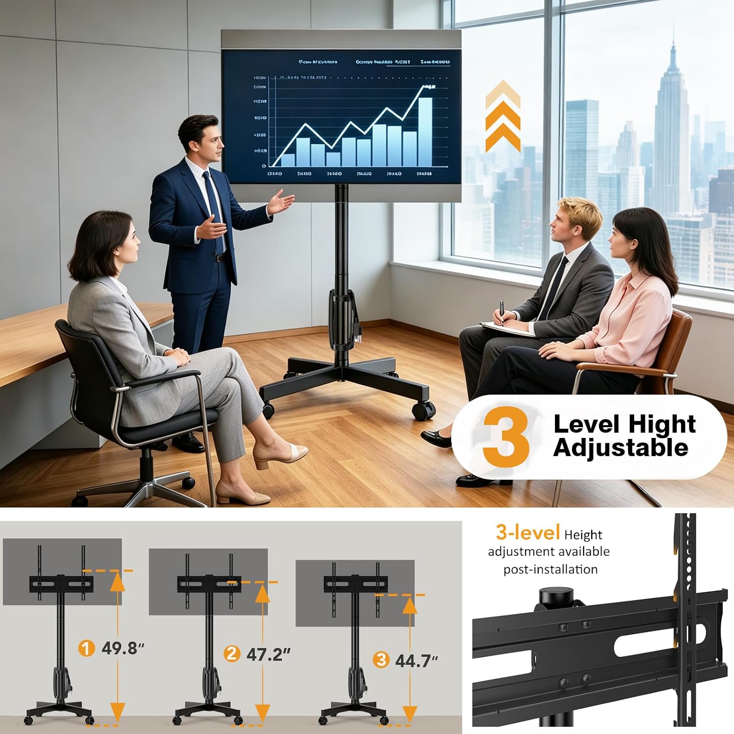 Mobile TV Stand with Power Outlets, Floor Portable TV Stand with Wheels for 23-60 Inch LCD LED OLED Panel Screen TVs with Rotation Socket around the Pole Height Adjustable Tilt , RollingTV Cart Black
