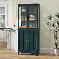 ARTPOWER 72" Dark Teal Freestanding Kitchen Pantry Cabinet with Glass Doors & Adjustable Shelves - Tall Sideboard for Kitchen, Dining, Living Room